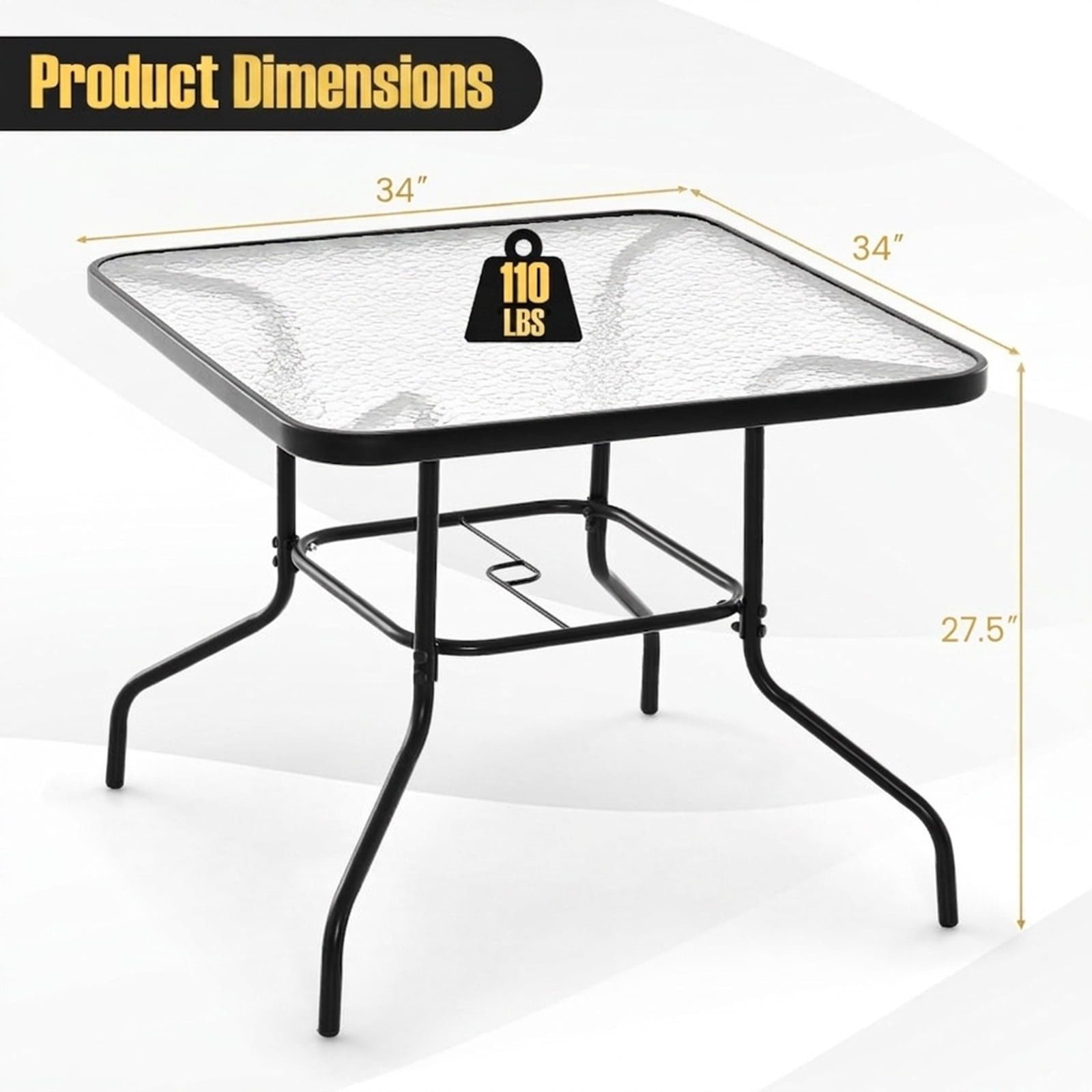 Biotree 34 Inch Outdoor Dining Table Square Tempered Glass Table with 1.5 Inch Umbrella Hole, Gray