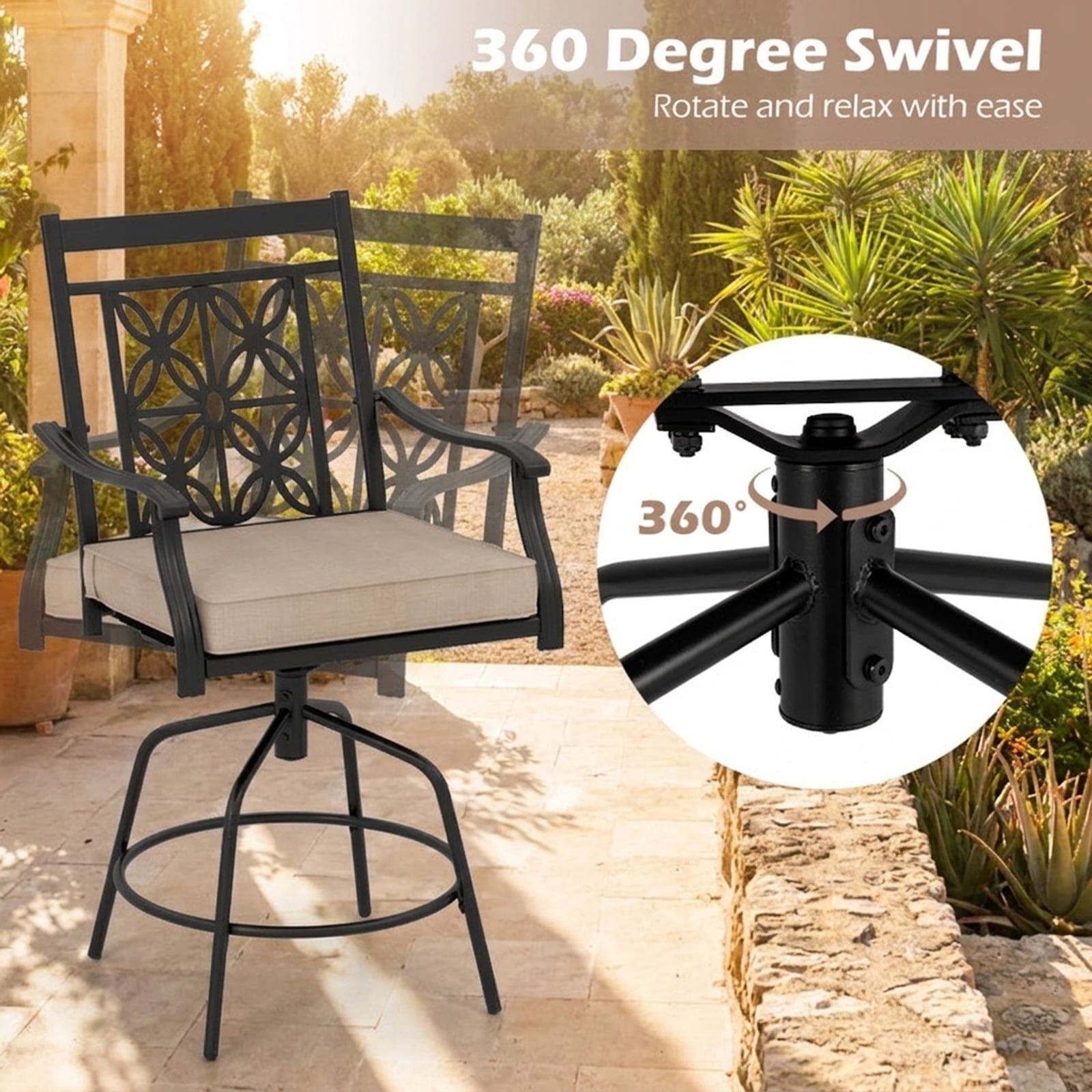 Biotree Set of 2 Outdoor Swivel Bar Stools with Cushioned Seats and Armrests, Brown - Outdoor Patio Bar Height Chair with Footrest