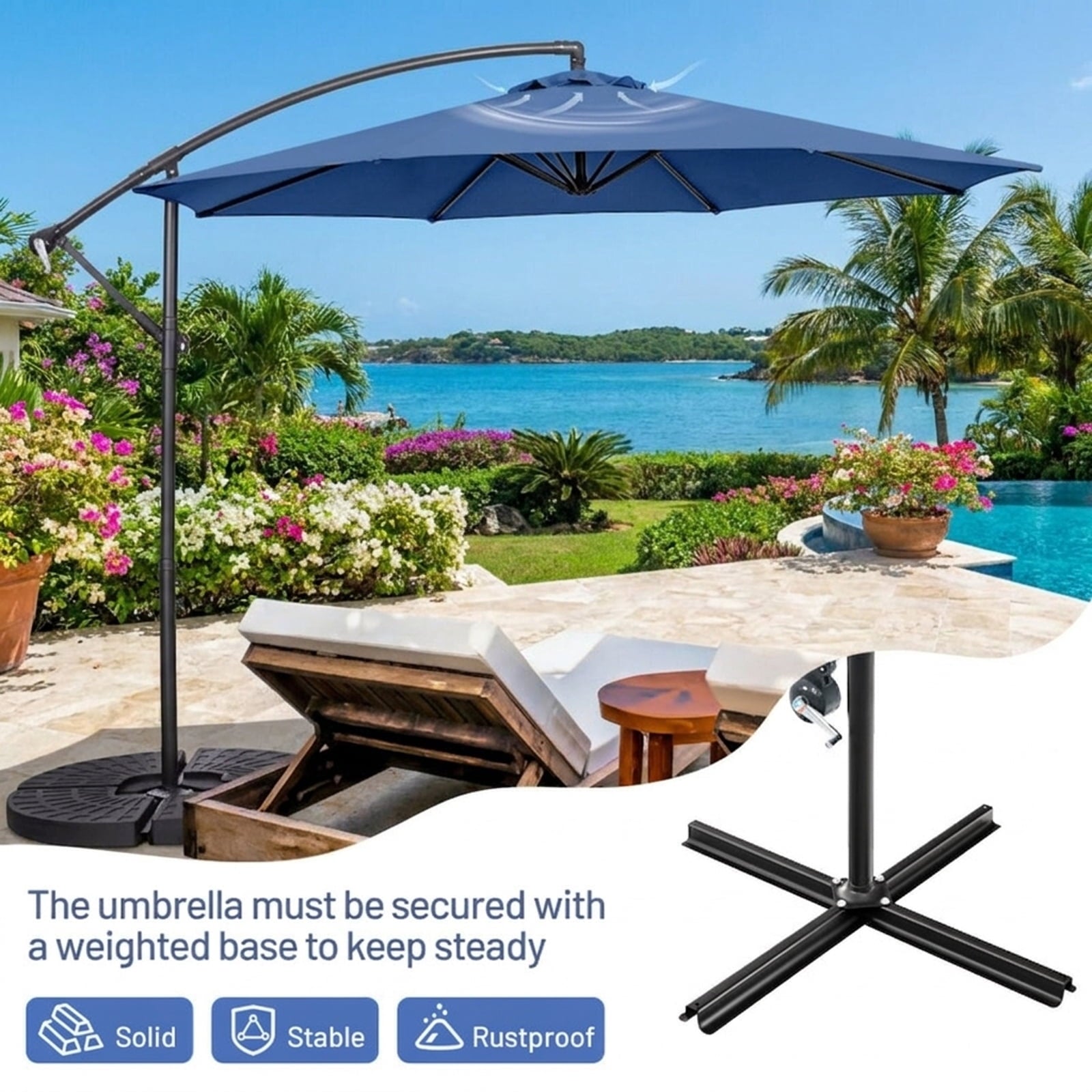 Biotree 10 ft Cantilever Offset Patio Umbrella 8-Rib Outdoor Shade - Blue - UV Protection with Cross Base