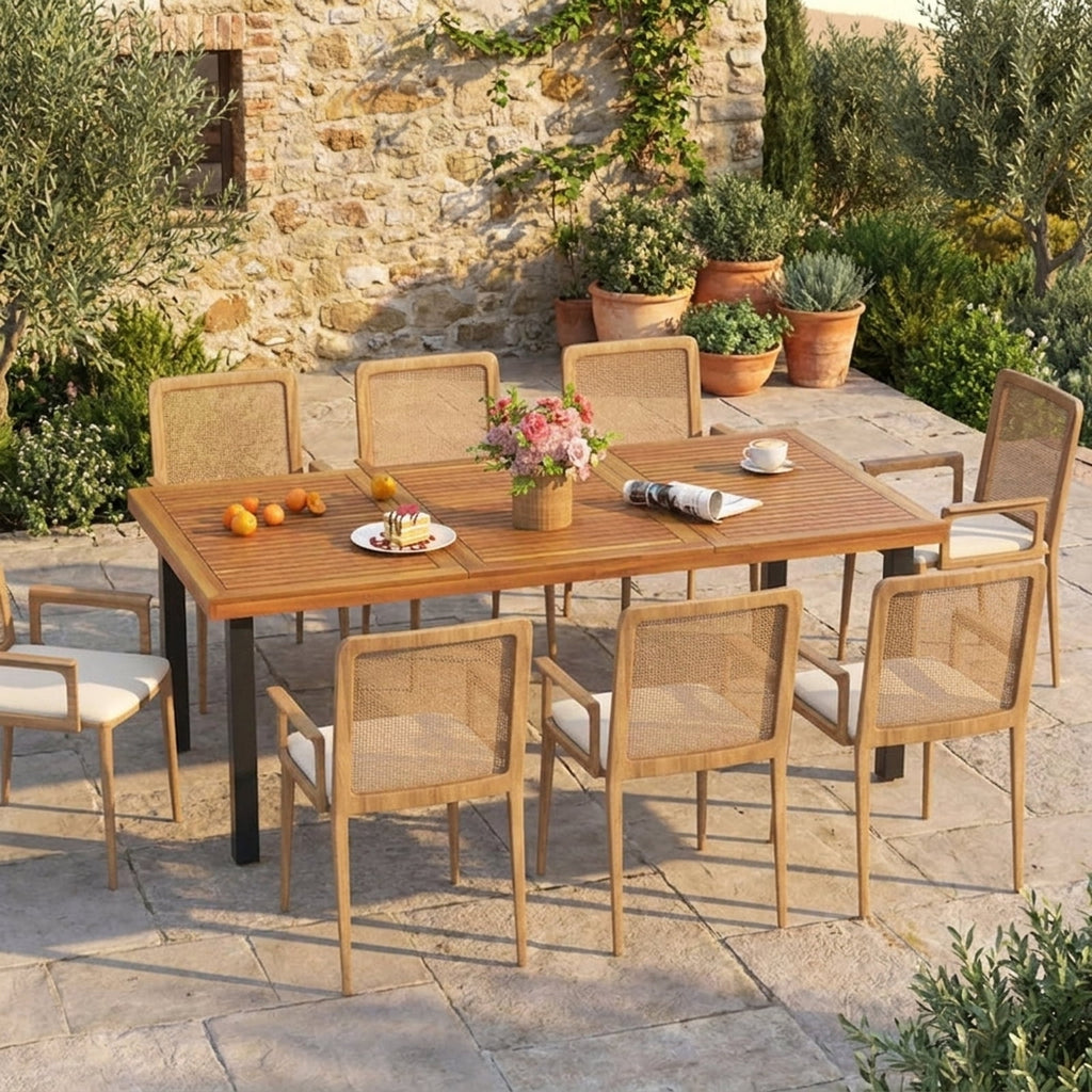 Biotree 79 Inch Acacia Wood Dining Table 8-Person Patio Table with 1.9 Inch Umbrella Hole and Adjustable Foot PadsNatural Black