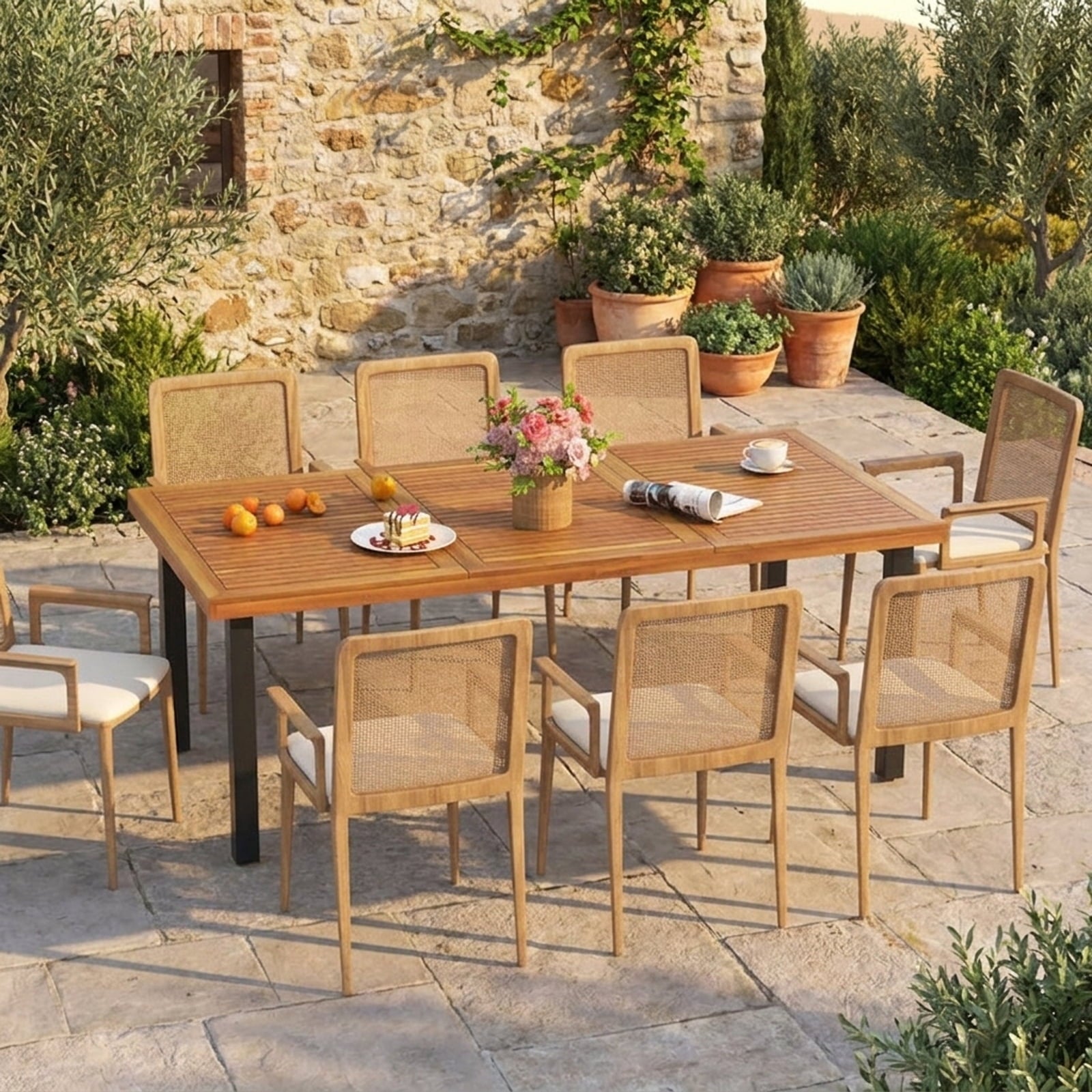 Biotree 79 Inch Acacia Wood Dining Table 8-Person Patio Table with 1.9 Inch Umbrella Hole and Adjustable Foot PadsNatural Black