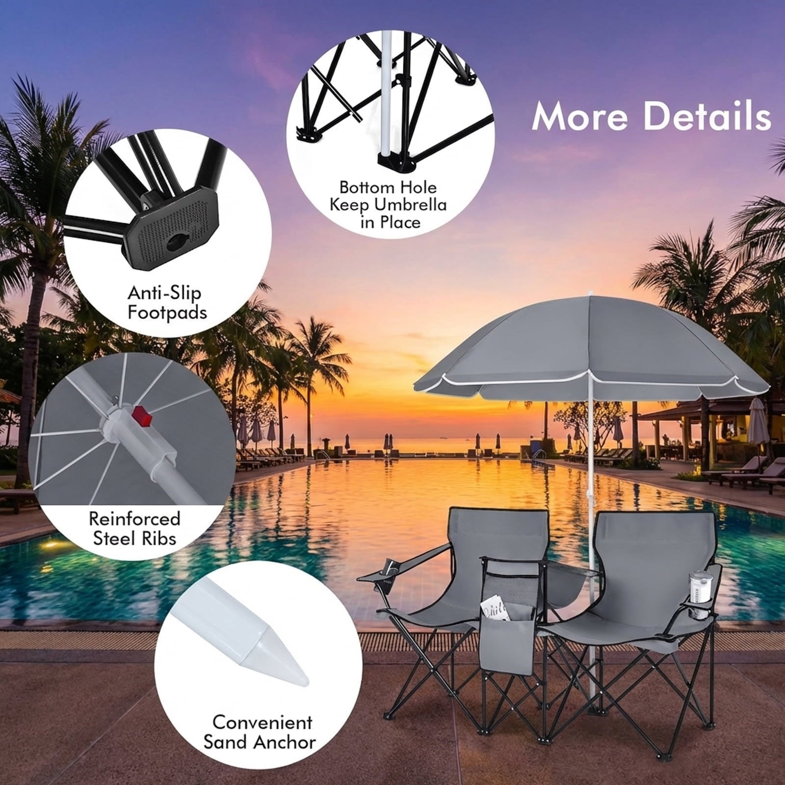 Biotree Double Camping Chair with Removable Umbrella Portable Folding Loveseat with Cooler Bag and Cup Holders for Beach Picnic, Gray