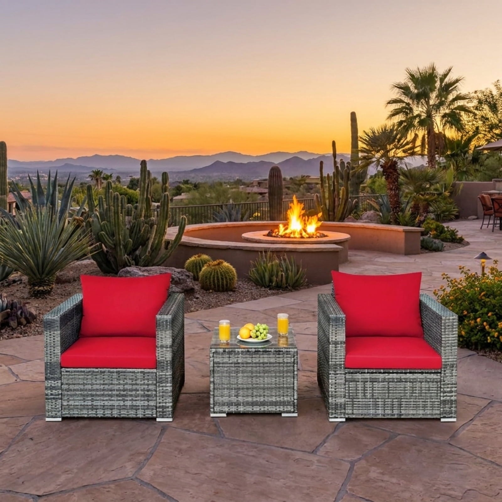 Biotree 3 Pcs Patio Rattan Furniture Bistro Sofa Set with Cushioned Outdoor Conversation Set for Garden Backyard PorchRed