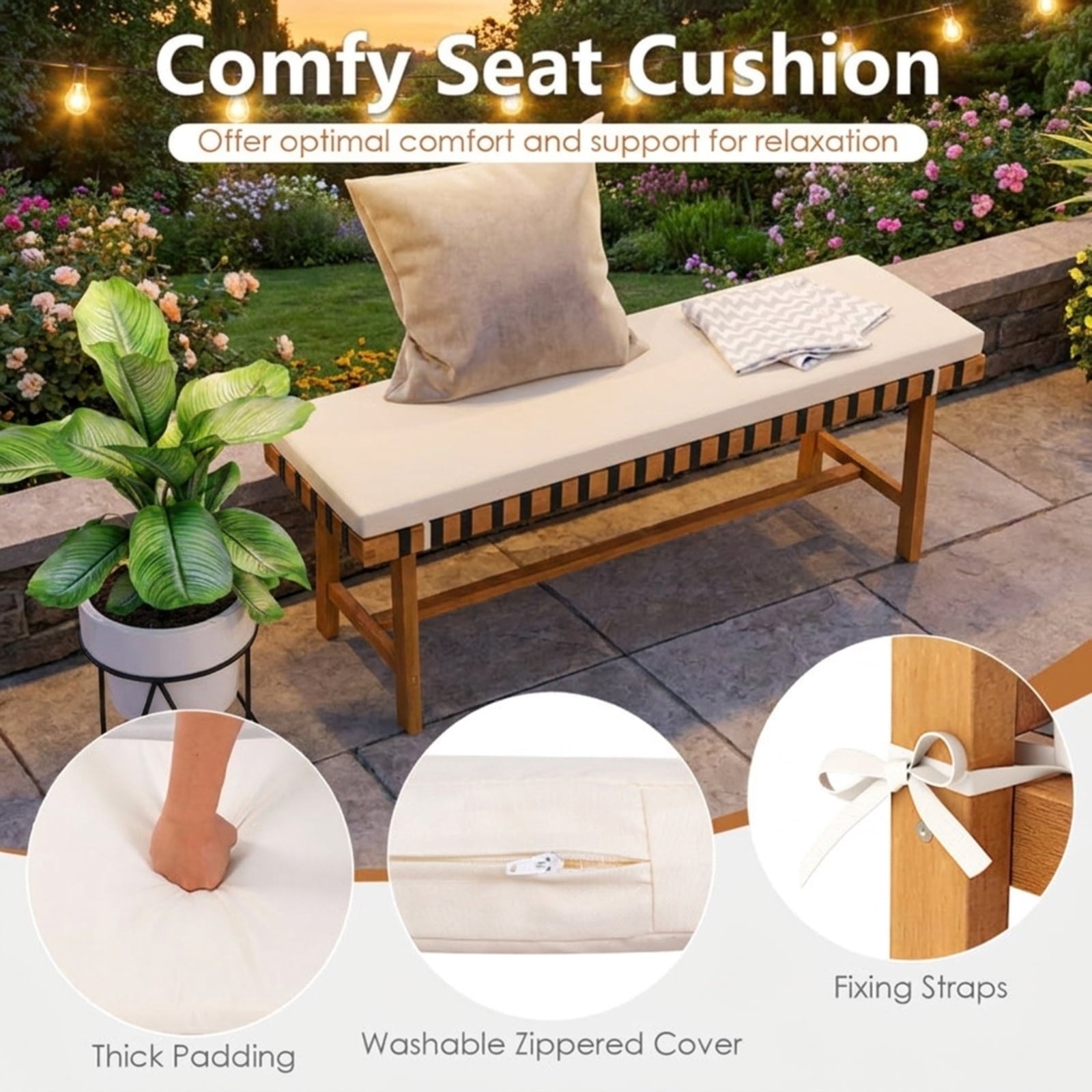 Biotree 48 Inch Acacia Wood Outdoor Bench with Thick Padded Seat Cushion Stackable Patio Chair for Garden BackyardNatural+Off White