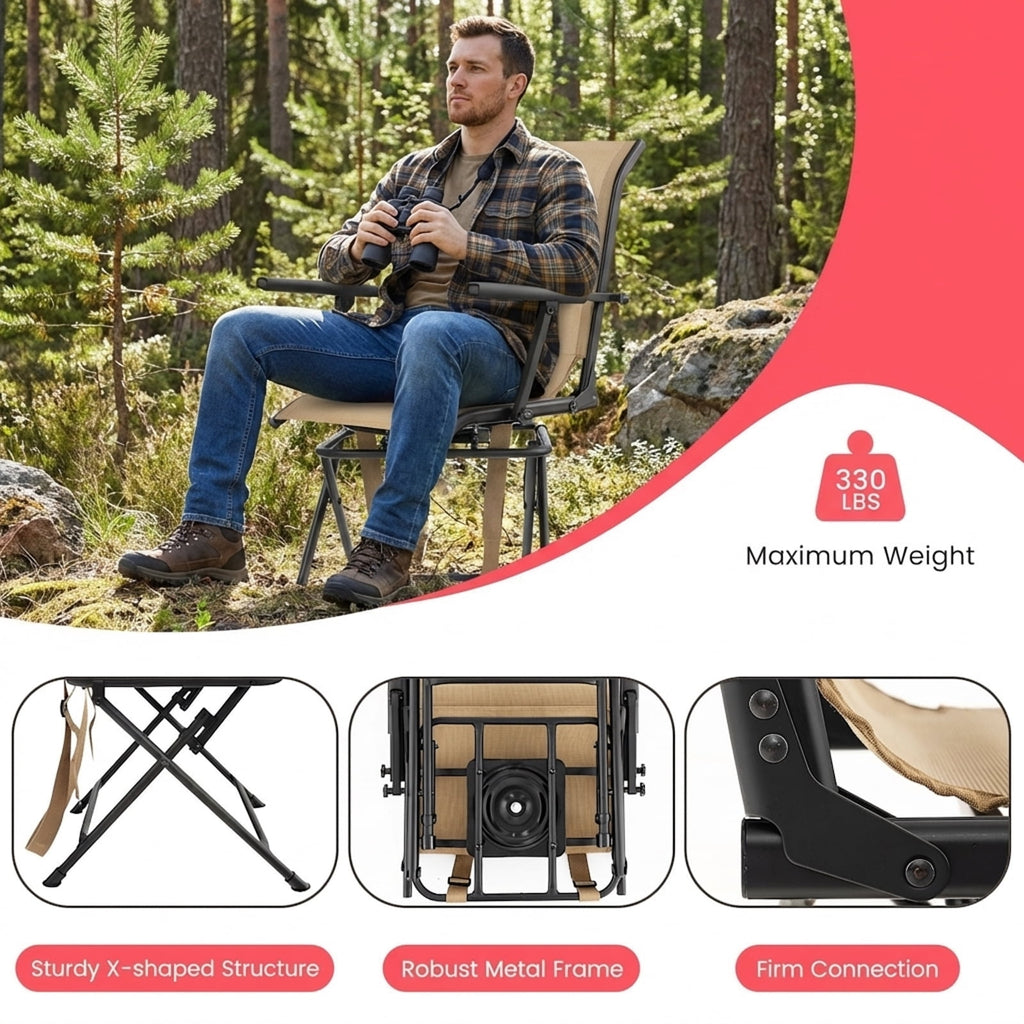 Biotree 360 Degree Swivel Hunting Chair Foldable Outdoor Camp Chair with Armrest and Breathable Mesh Back for Camping Fishing, Brown