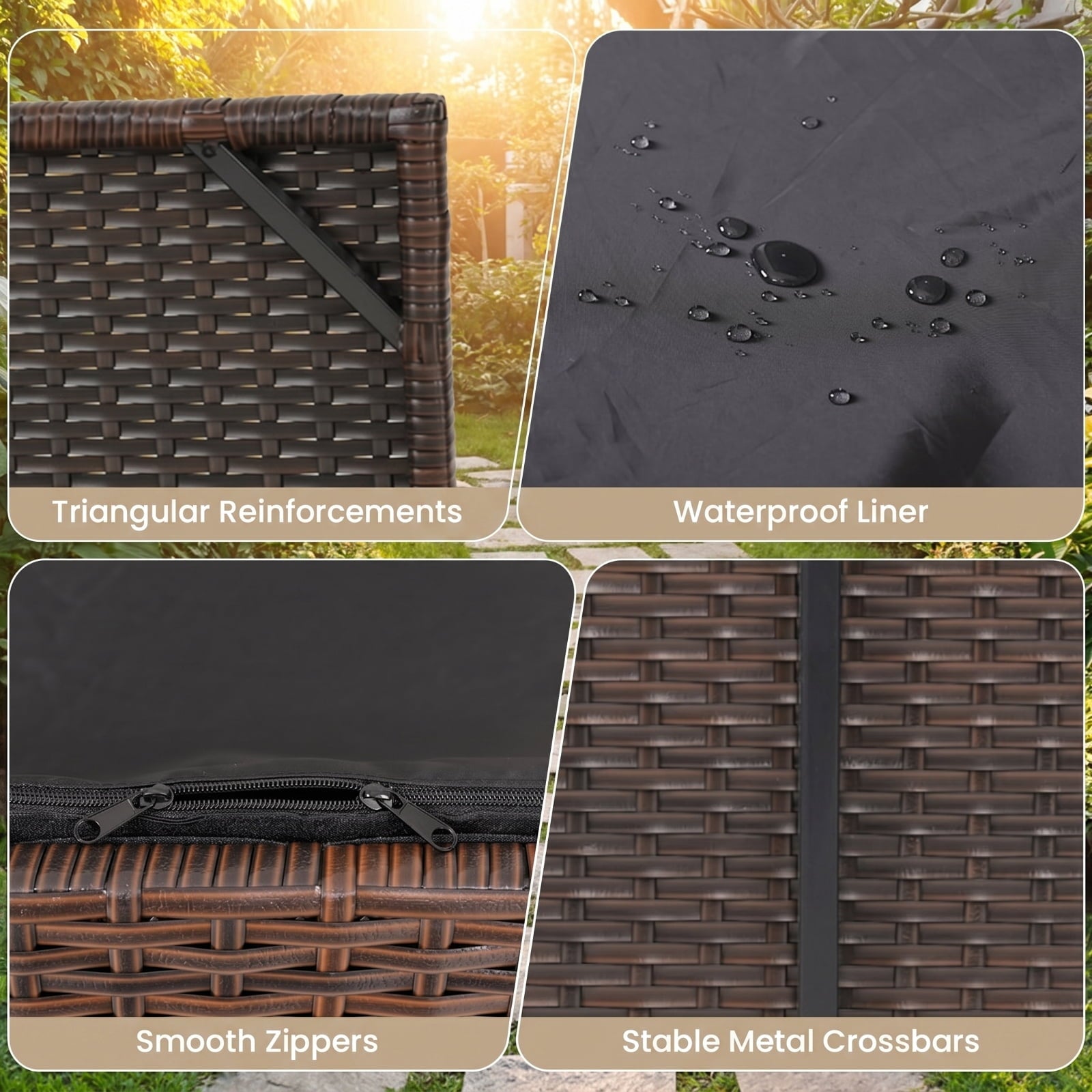 Biotree PE Rattan Storage Bin with Waterproof Liner for Patio Cushions Outdoor Waterproof for Patio Deck Garden Cushions, Brown