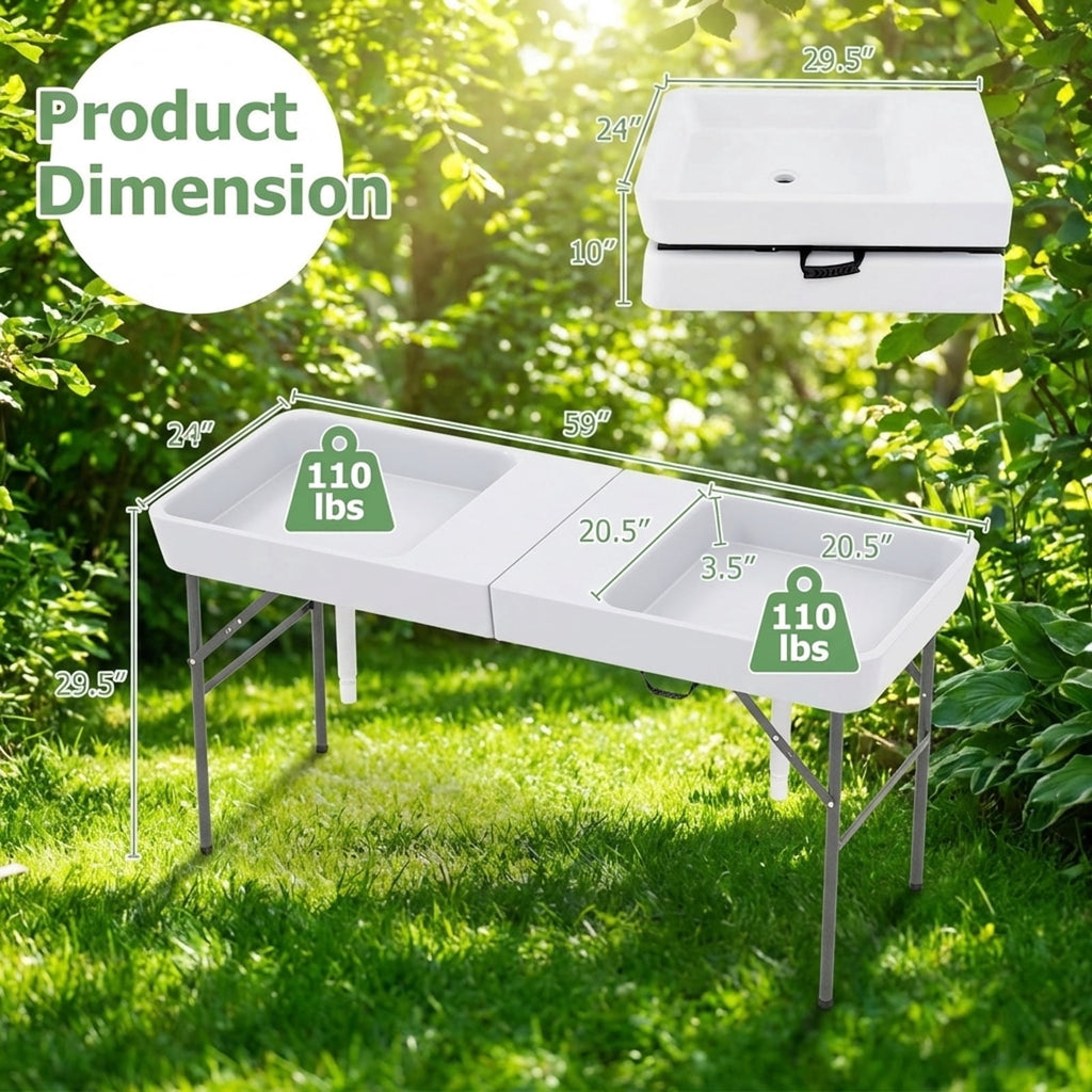 Biotree 5 FT Folding Ice Cooler Table with Double Sinks for Camping Party Picnic Wedding Portable Ice Table, White