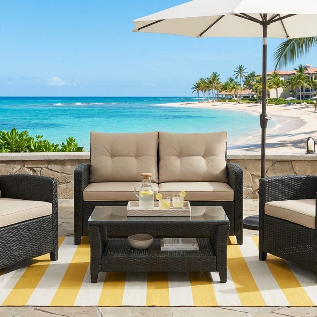 Biotree 4 Pieces Patio Conversation Set with Soft Cushions and Tempered Glass Tabletop Outdoor Conversation Set for Garden Backyard PorchMix Brown
