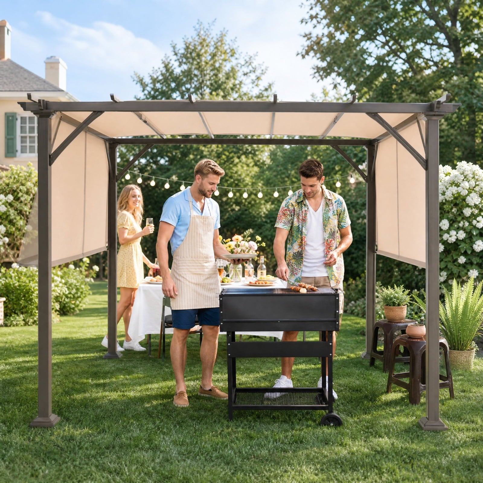 Biotree 10 x 10 Ft Outdoor Pergola Gazebo with Dual Retractable Canopy, Powder-Coated Steel Patio Shelter for Backyard and Poolside, Beige
