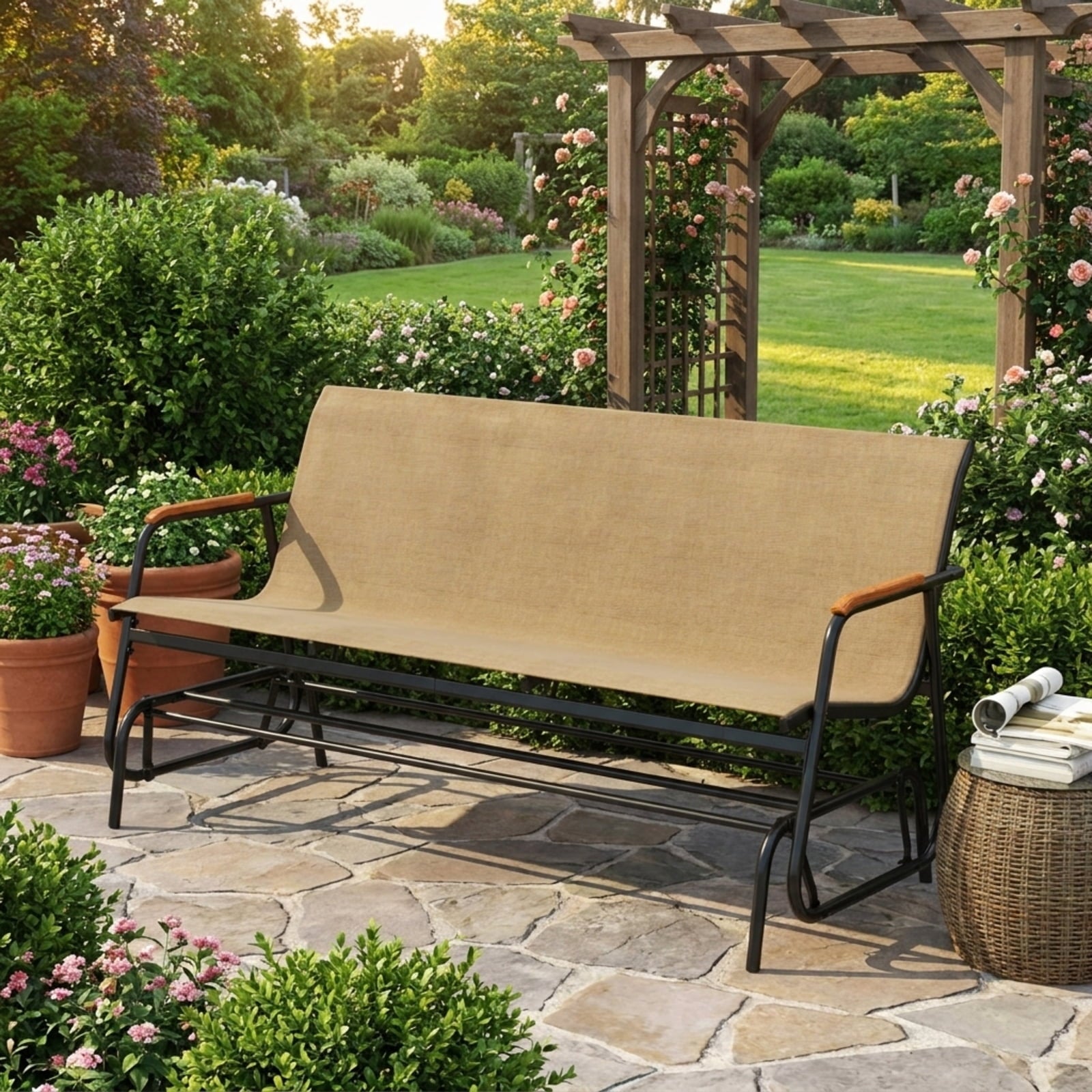 Biotree Patio Glider Bench with Curved Teak Armrests and Breathable Fabric Seat for 3 People Stackable Patio Chair for Garden BackyardBrown