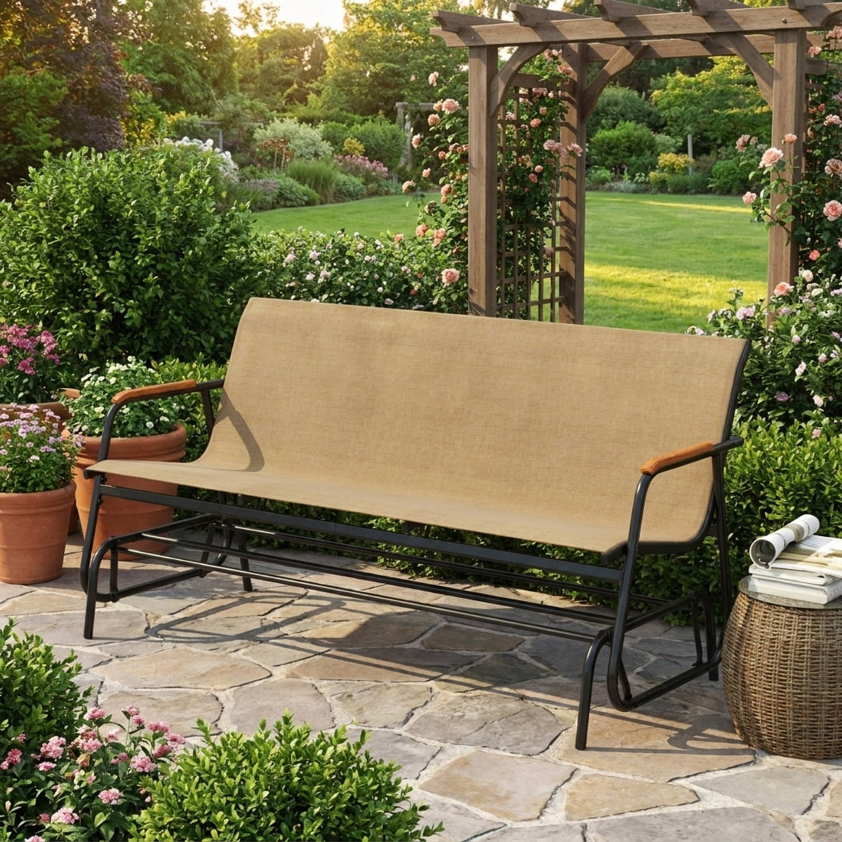 Biotree Outdoor Glider Bench Patio Glider Bench for 3 People with Curved Teak Armrests and Breathable Fabric Seat for Porch Garden and Backyard, Brown