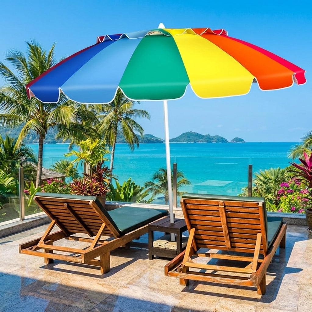 Biotree 8.0 ft Portable Beach Umbrella with Carrying Bag, 16 Ribs, Sand Tilt Mechanism - Multicolor for Backyard
