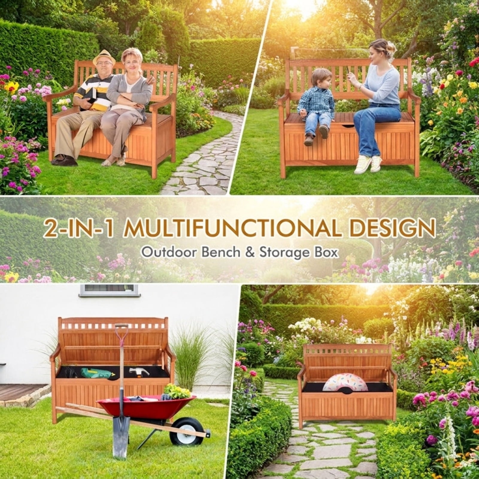 Biotree 33 Gallon Wooden Storage Bench with Liner for Patio Garden Porch Stackable Patio Chair for Garden Backyard