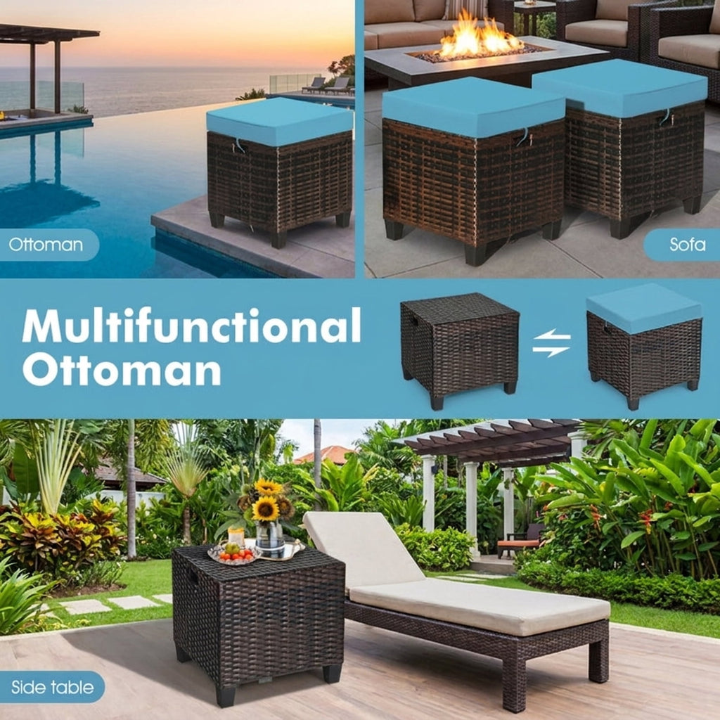 Biotree 2 Pieces Patio Rattan Ottoman Set with Removable Cushions Stackable Patio Chair for Garden BackyardTurquoise