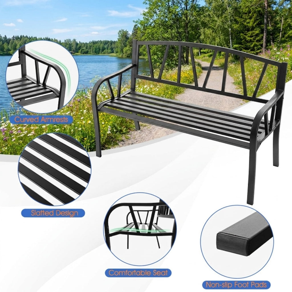 Biotree Patio Garden Bench with Metal Frame and Slatted Seat Stackable Patio Chair for Garden BackyardBlack