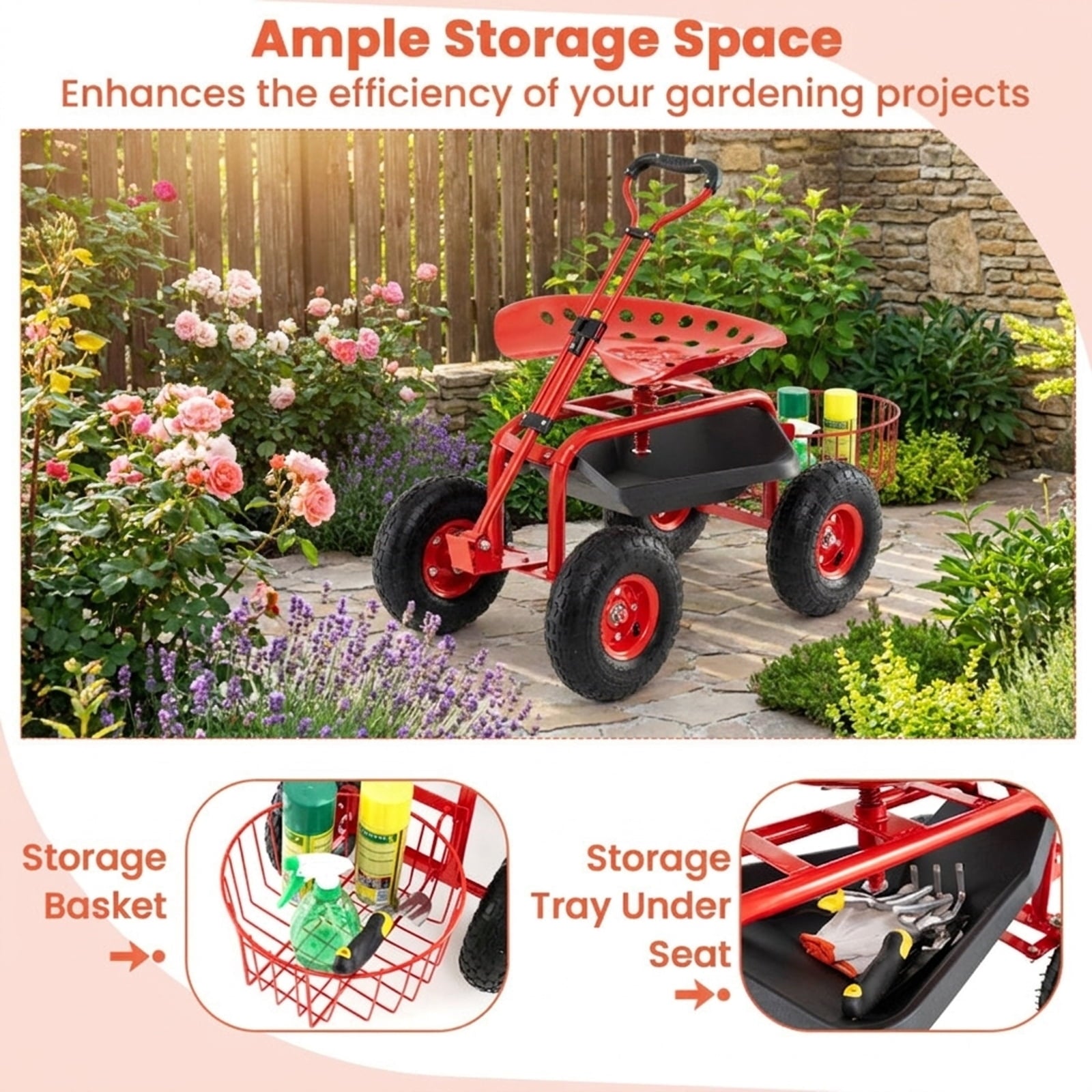Biotree Heavy Duty Garden Cart with Tool Tray and 360 Swivel Seat for Garden Yard Lawn Work Outdoor, Red