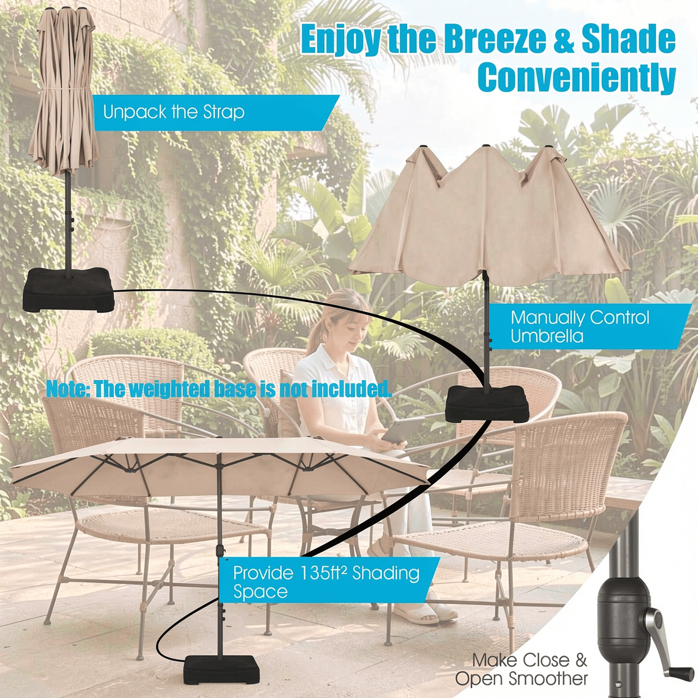 Biotree 15 Feet Patio Double-Sided Umbrella with Hand-Crank System-Beige Multi-color - Outdoor Patio Garden Sun Shade
