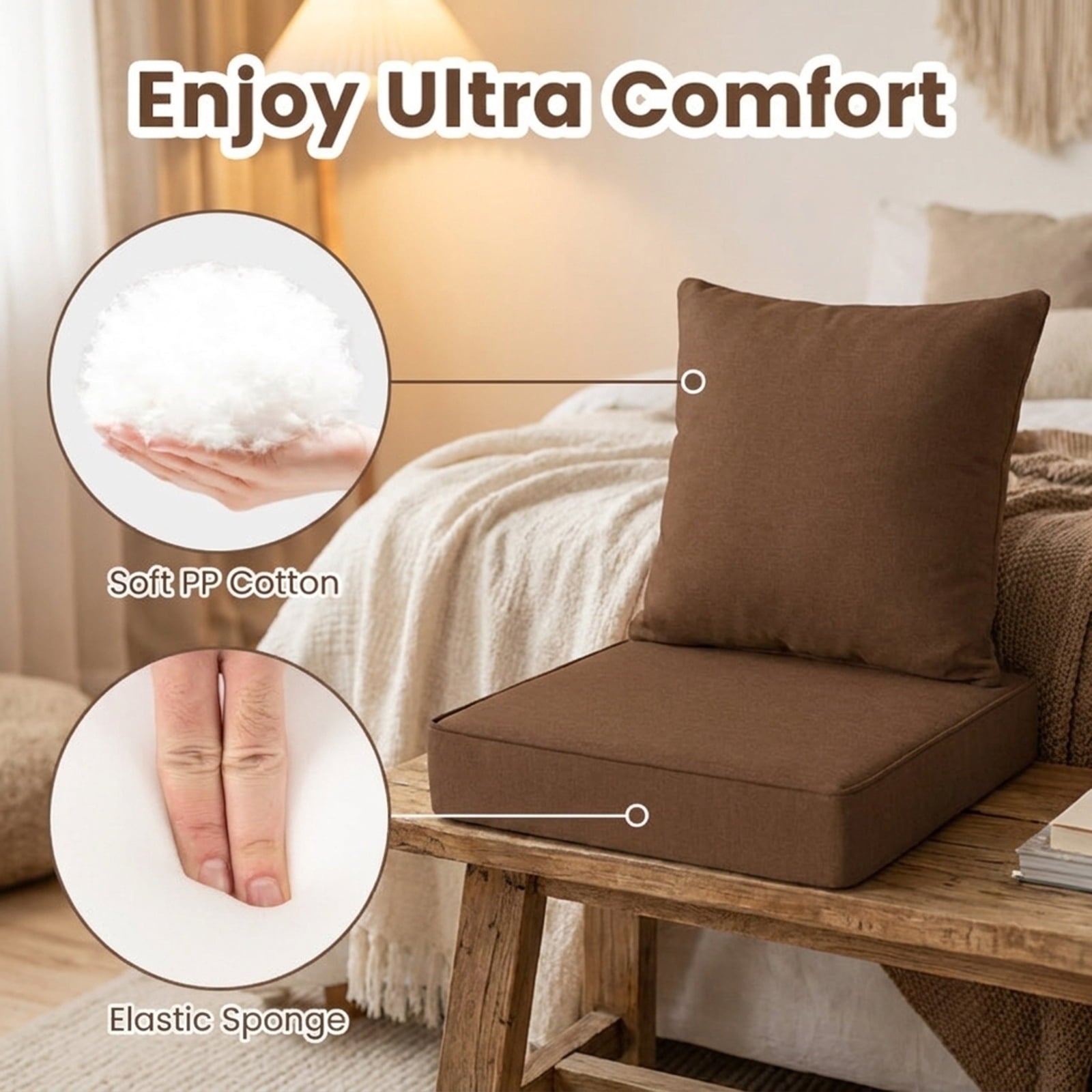 Biotree Deep Seat Chair Cushion Pads Set with Rope Belts for Indoor and Outdoor Comfortable Patio Chair Cushion PadBrown