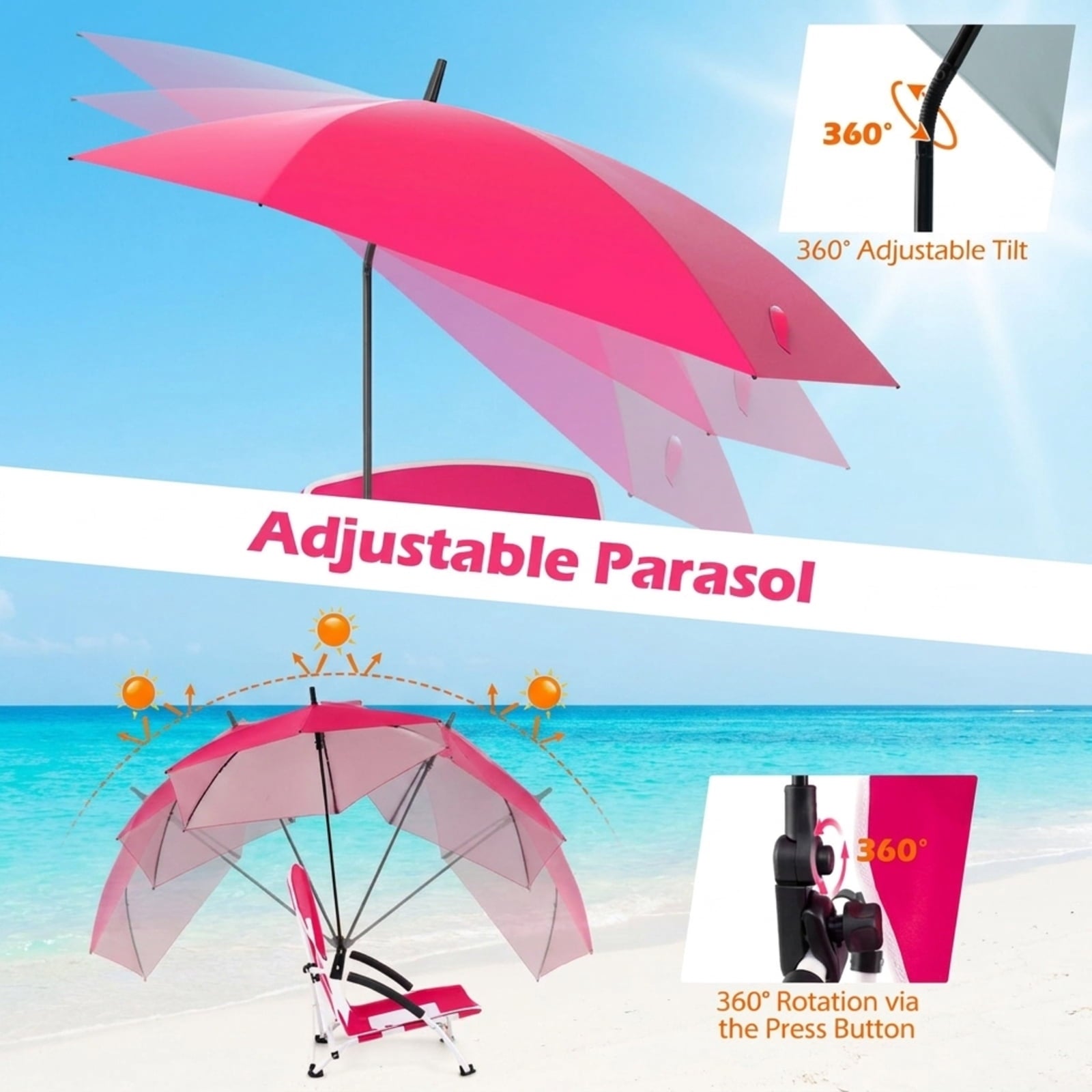 Biotree 2 Pack Beach Umbrella Chair for Adults with Adjustable Parasol Stackable Patio Chair for Garden BackyardPink