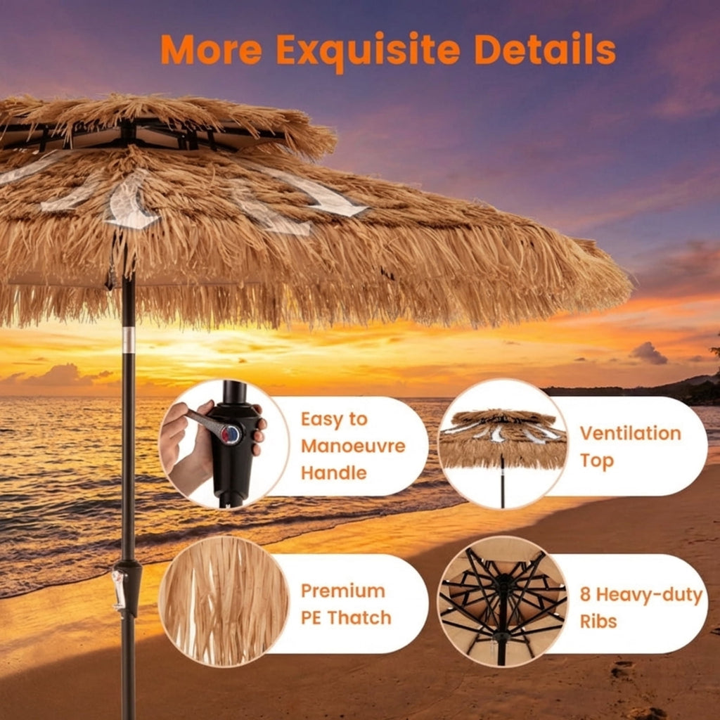 Biotree 9 Feet Thatched Tiki Umbrella with 8 Ribs Natural - Outdoor Patio Garden Sun Shade with UV Protection for Deck Lawn and Garden