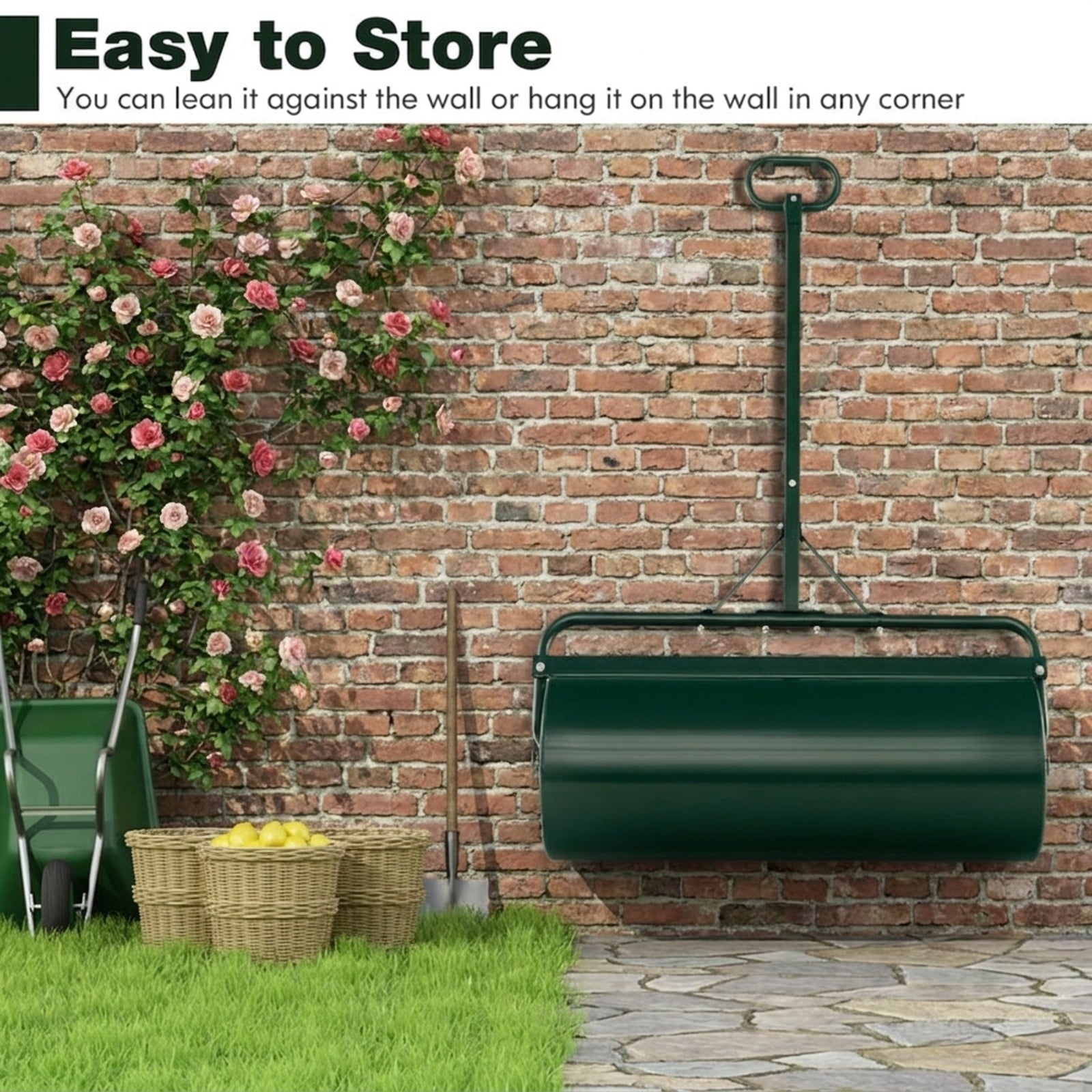 Biotree 39 Inch Wide Push/Tow Lawn Roller for Lawn Garden Yard Soil Care, Green