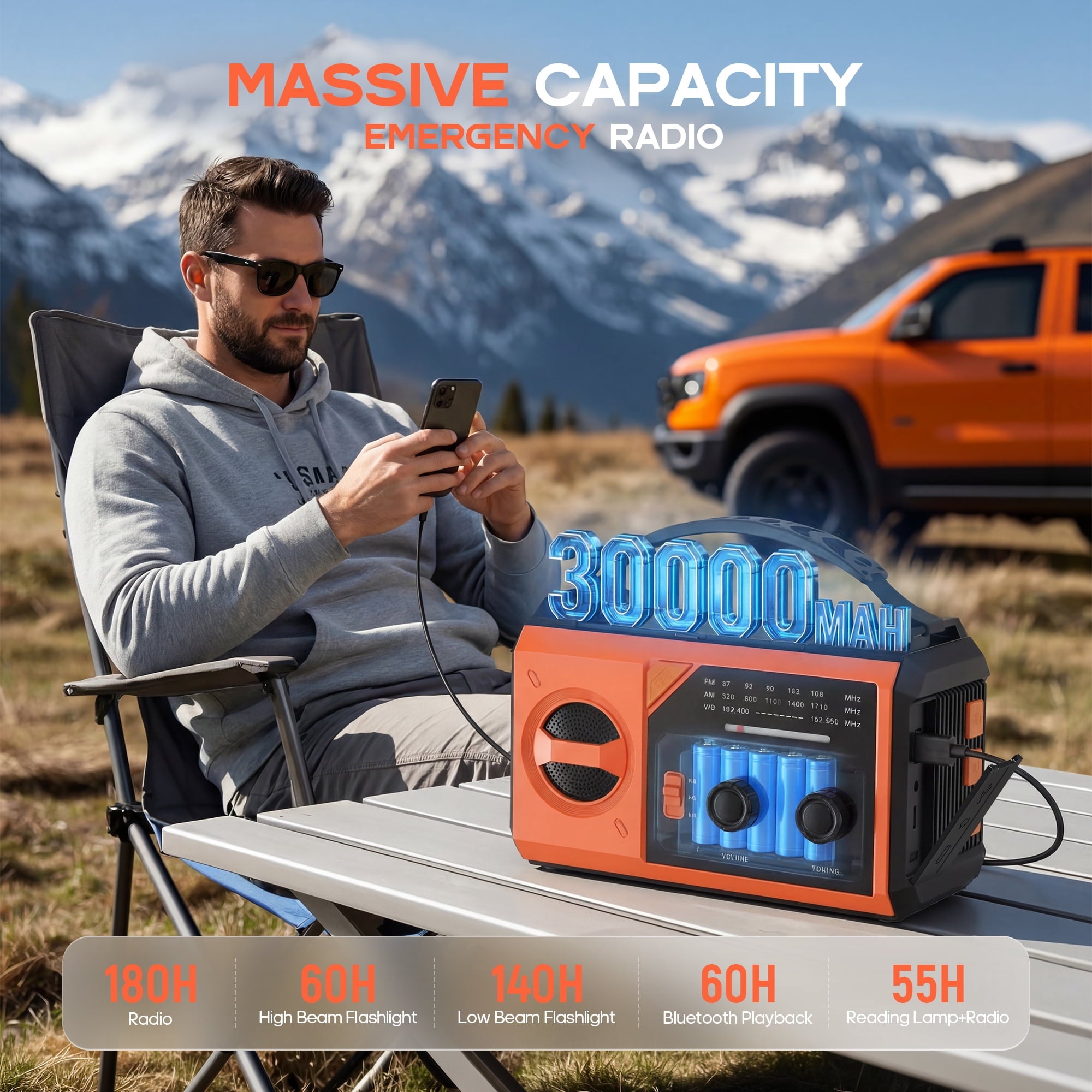 Biotree 30000mAh Weather Radio with NOAA 7-Band Alerts, Upgraded Emergency Radio with USB/Solar/Hand Crank Charging, Flashlight, SOS Alarm, Compass for Camping Hurricane Preparedness,Orange