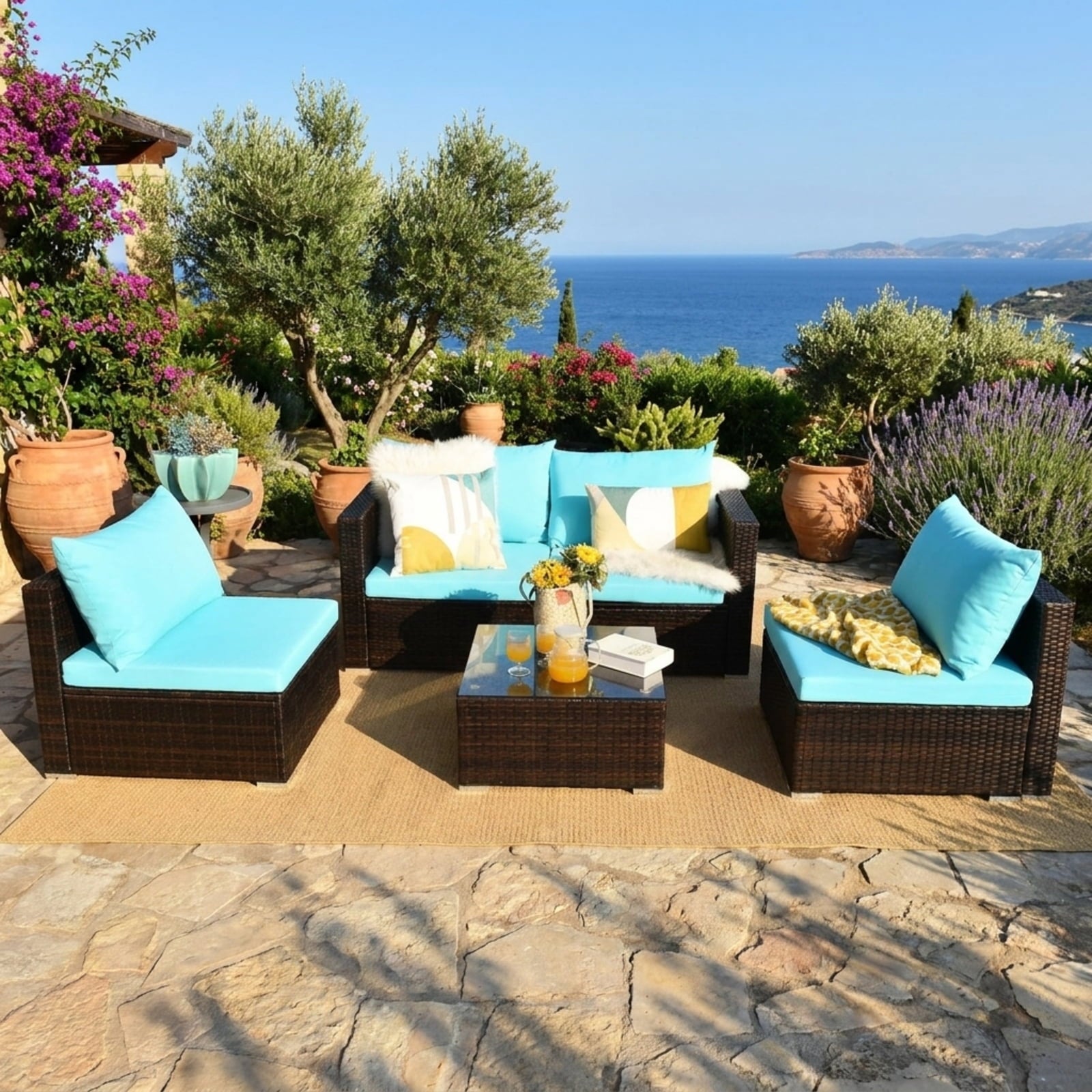 Biotree 5 Pieces Patio Rattan Furniture Set with Coffee Table Outdoor Conversation Set for Garden Backyard PorchTurquoise