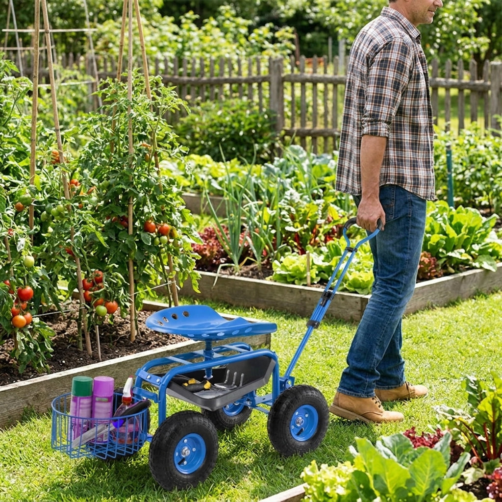 Biotree Heavy Duty Garden Cart with Tool Tray and 360 Swivel Seat for Garden Yard Lawn Work Outdoor, Blue