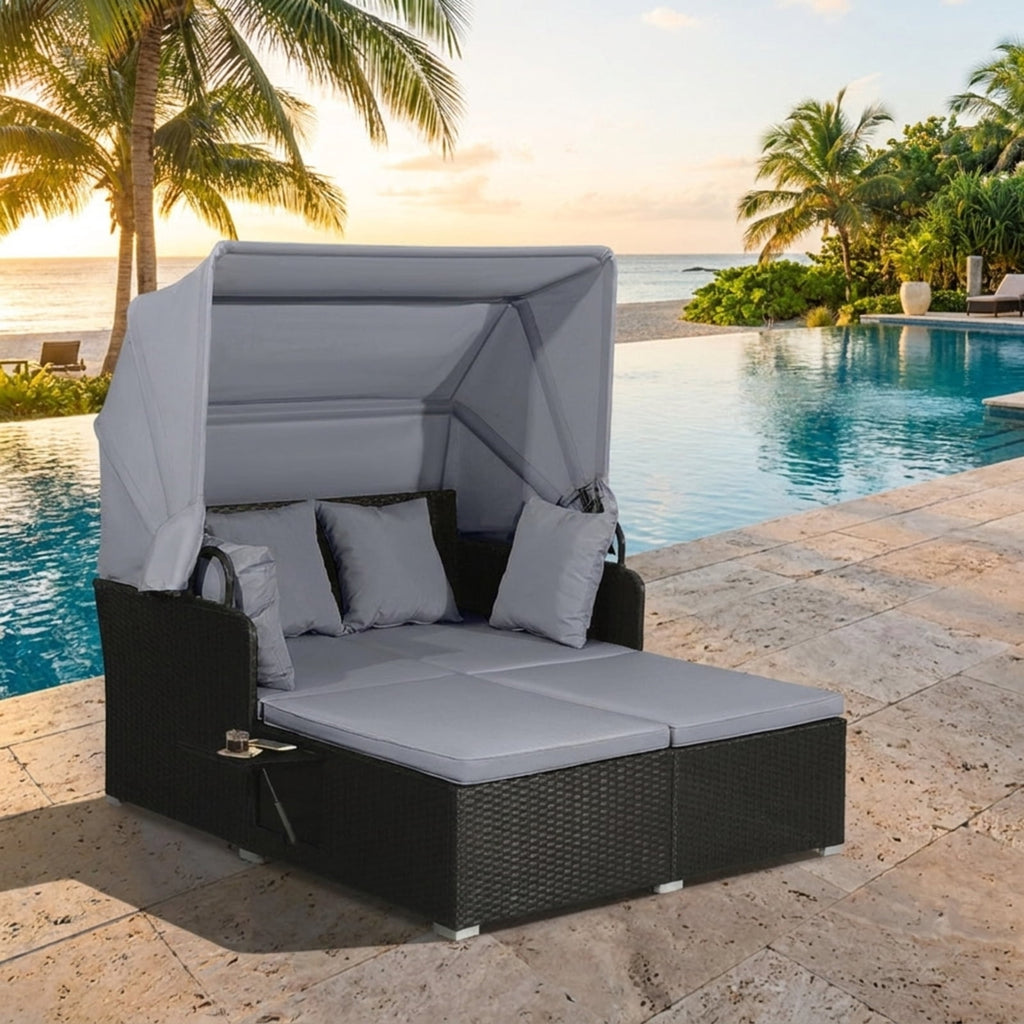 Biotree Patio Rattan Daybed with Retractable Canopy and Side Tables Outdoor Conversation Set for Garden Backyard PorchGray