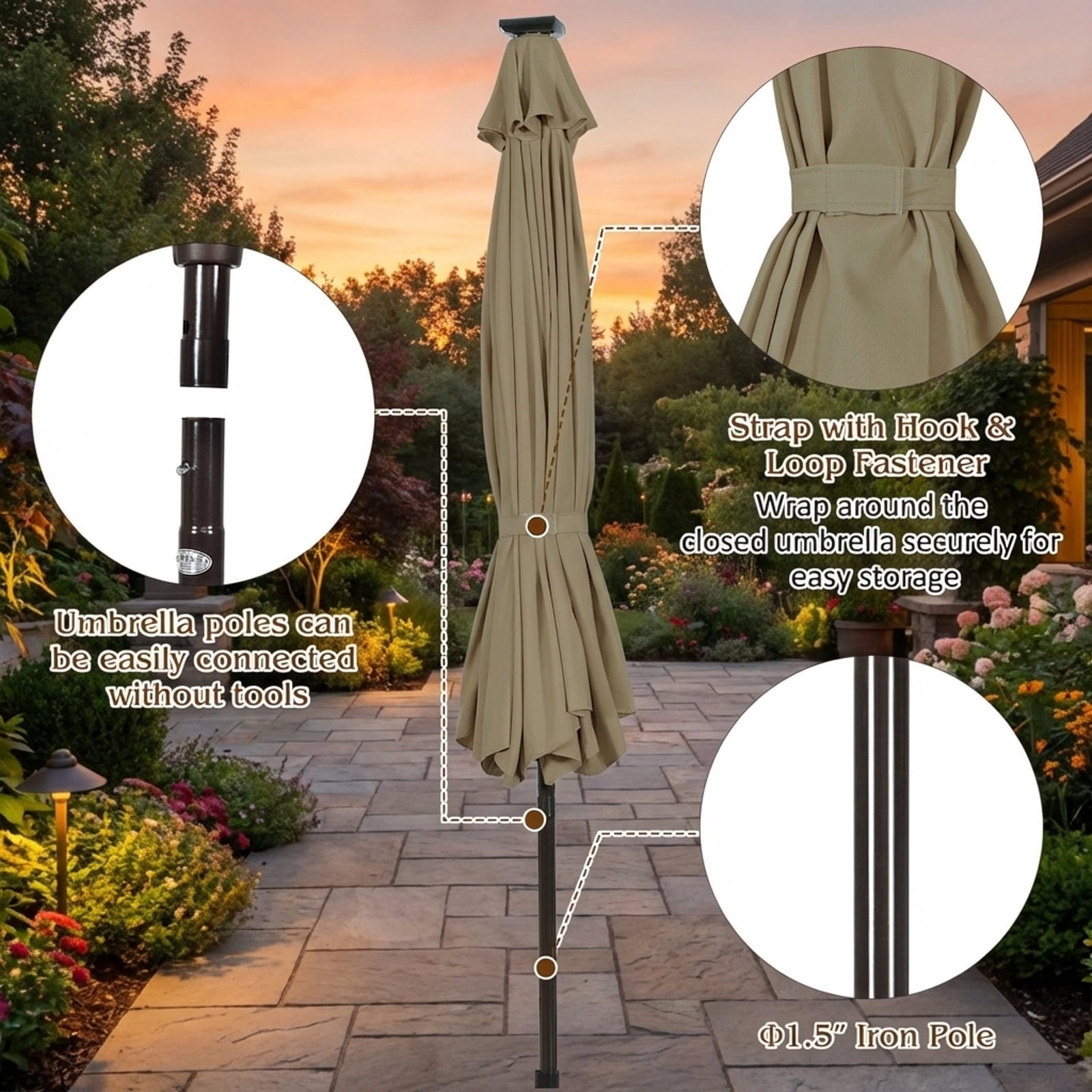 Biotree 10 Solar LED Lighted Patio Market Umbrella Shade Tilt Adjustment Crank-Tan Outdoor Backyard