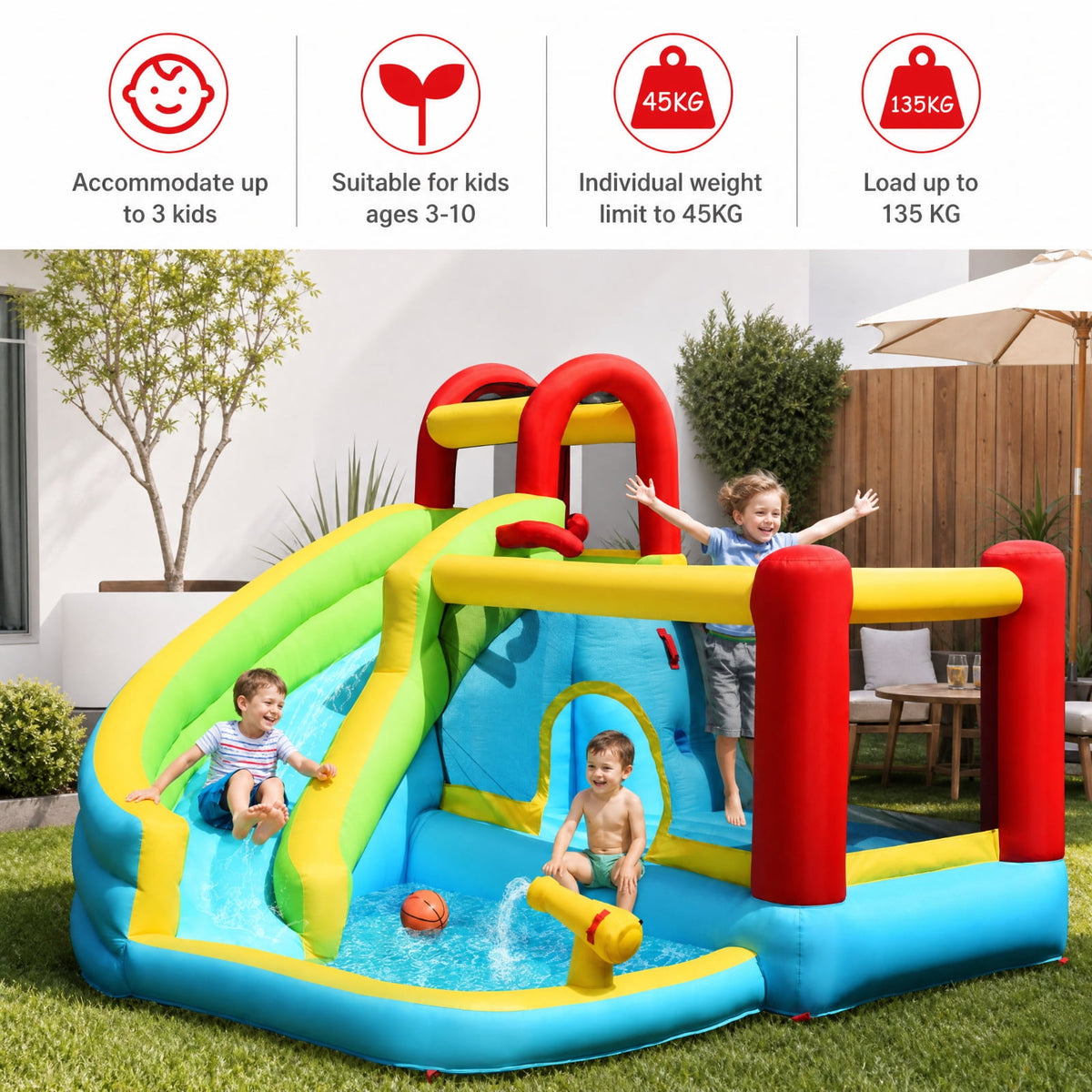 Biotree 6-in-1 Inflatable Bounce House with Water Slide, Climbing Wall, Splash Pool and Basketball Hoop for Backyard, Multicolor