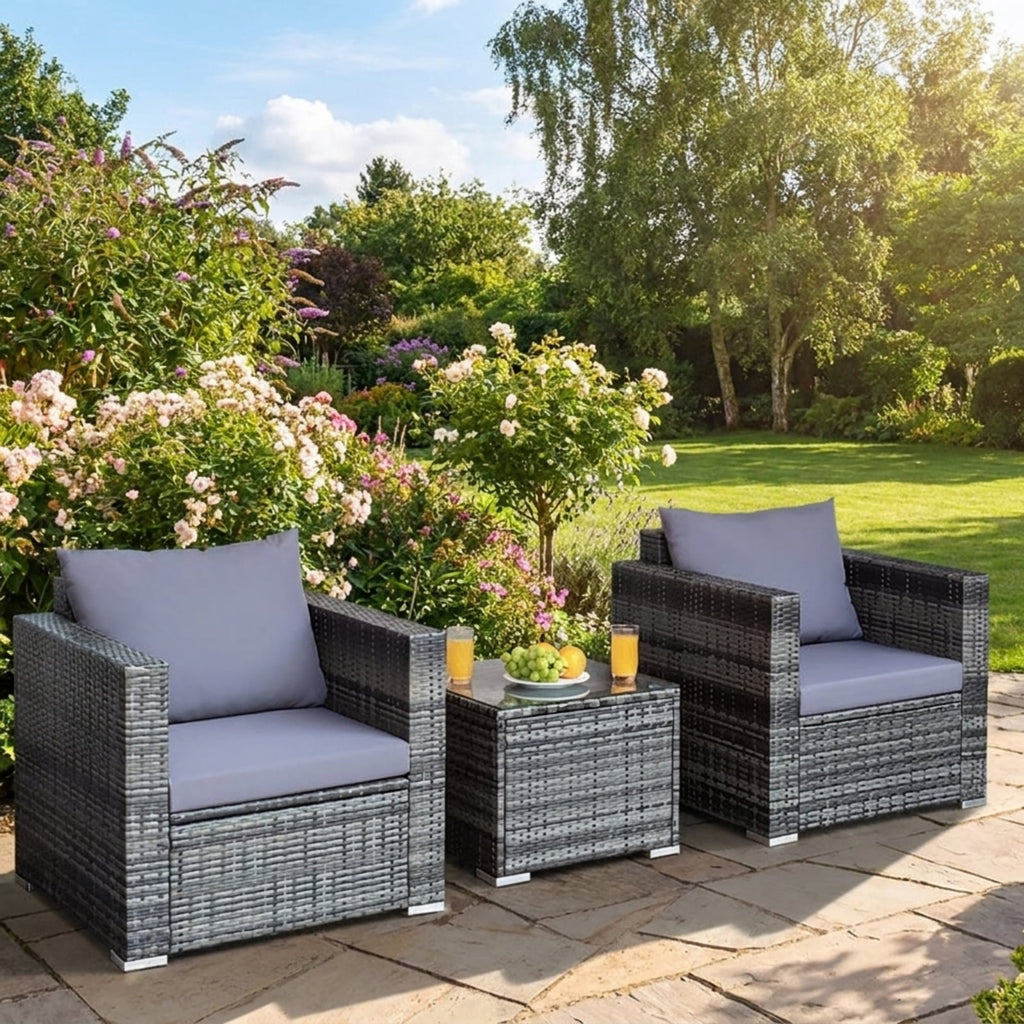 Biotree 3 Pcs Patio Rattan Furniture Bistro Sofa Set with Cushioned Outdoor Conversation Set for Garden Backyard PorchGray