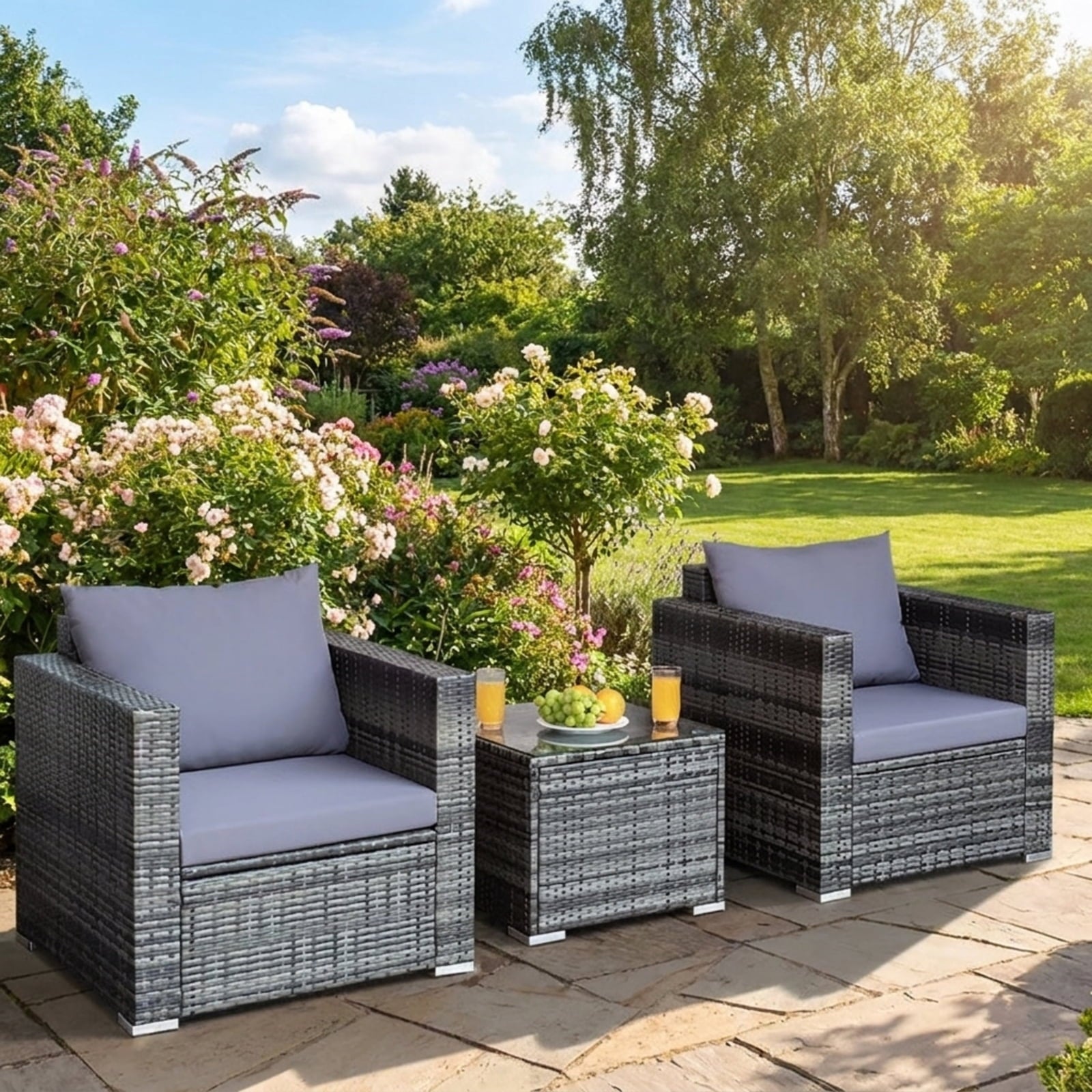 Biotree 3 Pcs Patio Rattan Furniture Bistro Sofa Set with Cushioned Outdoor Conversation Set for Garden Backyard PorchGray