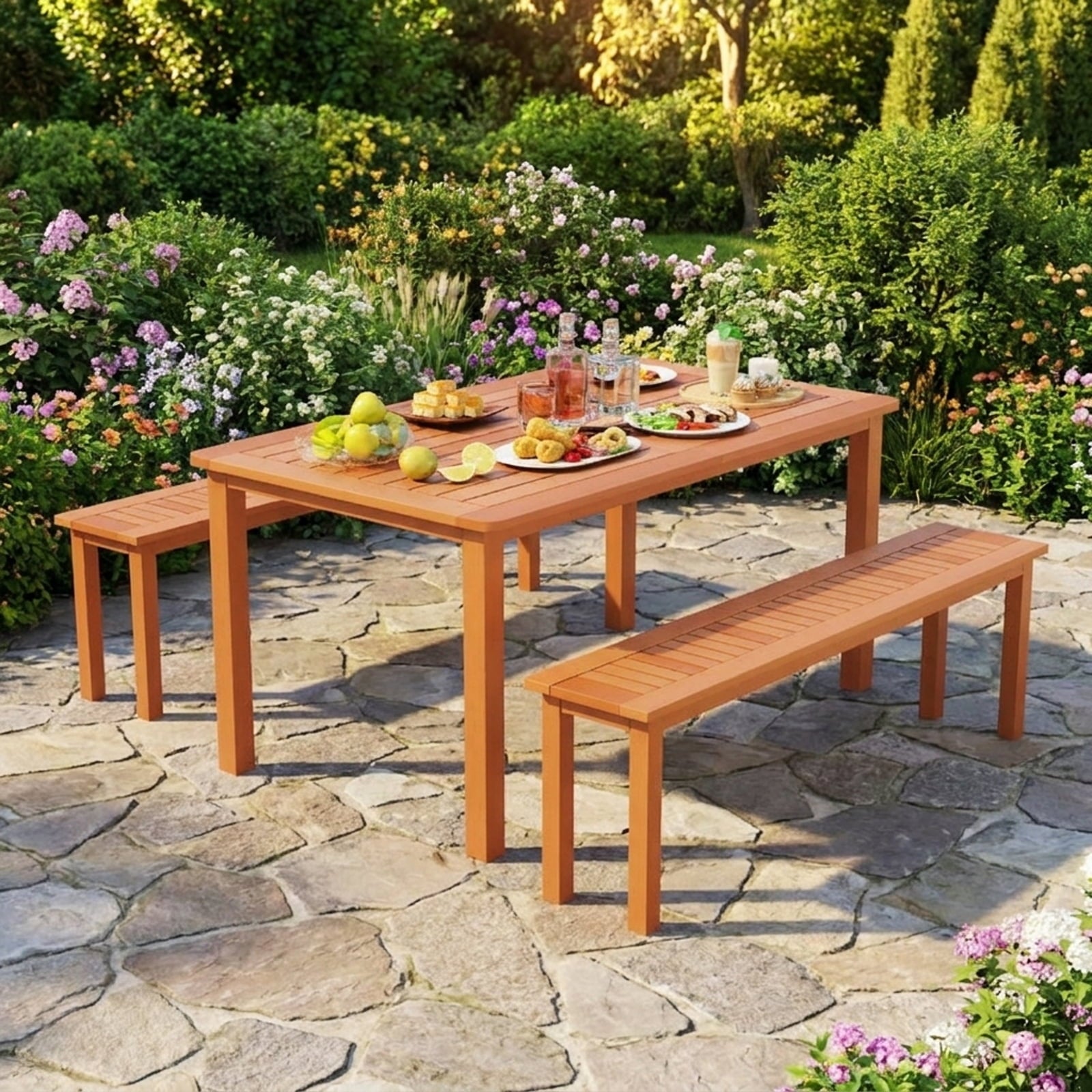 Biotree Outdoor 59 Inch Long Patio Dining Backless Wooden Bench with Teak Oil Finish Stackable Patio Chair for Garden BackyardNatural