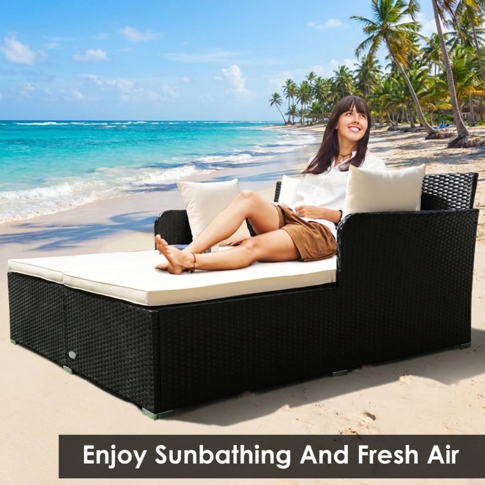 Biotree Spacious Outdoor Rattan Daybed with Upholstered Cushions and Pillows Outdoor Conversation Set for Garden Backyard PorchWhite