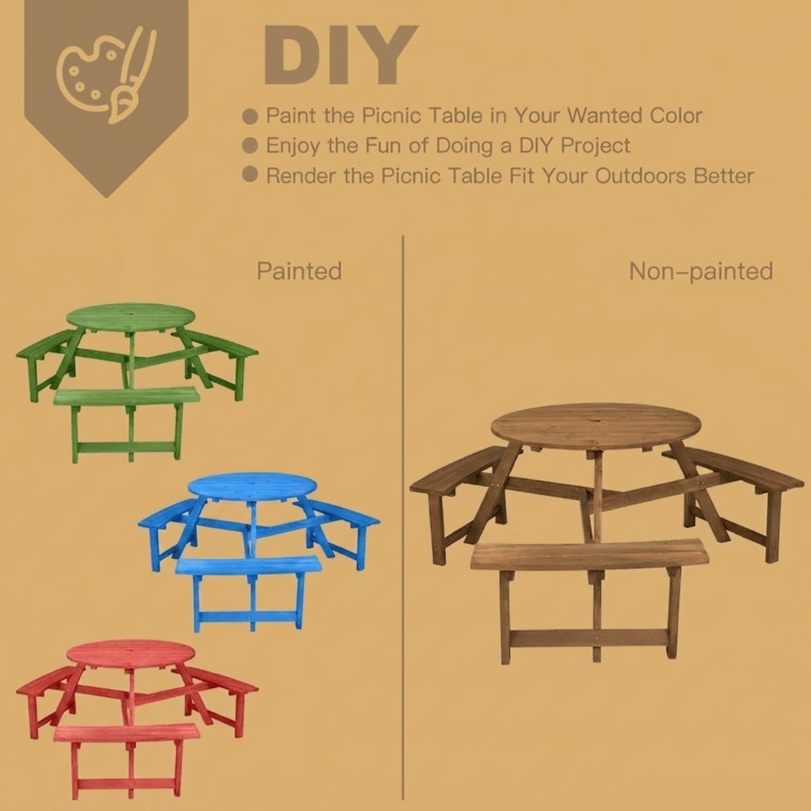 Biotree 65-Inch 6-person Round Wooden Picnic Table with Umbrella Hole and 3 Built-in Benches, Tan