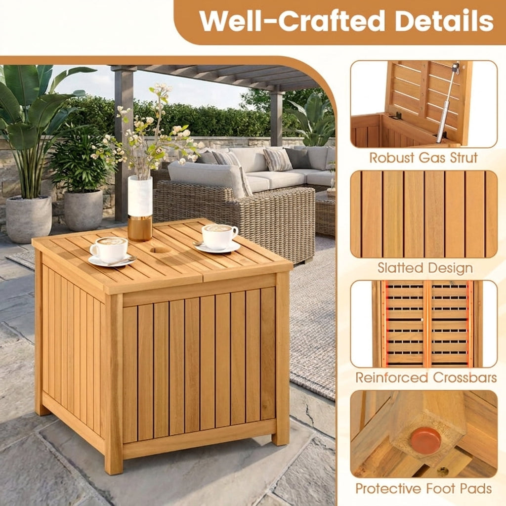 Biotree 2-in-1 Outdoor Side Table with Storage Acacia Wood Slatted Coffee Table Square Slatted End Storage Box with 2.3" Umbrella Hole, Natural