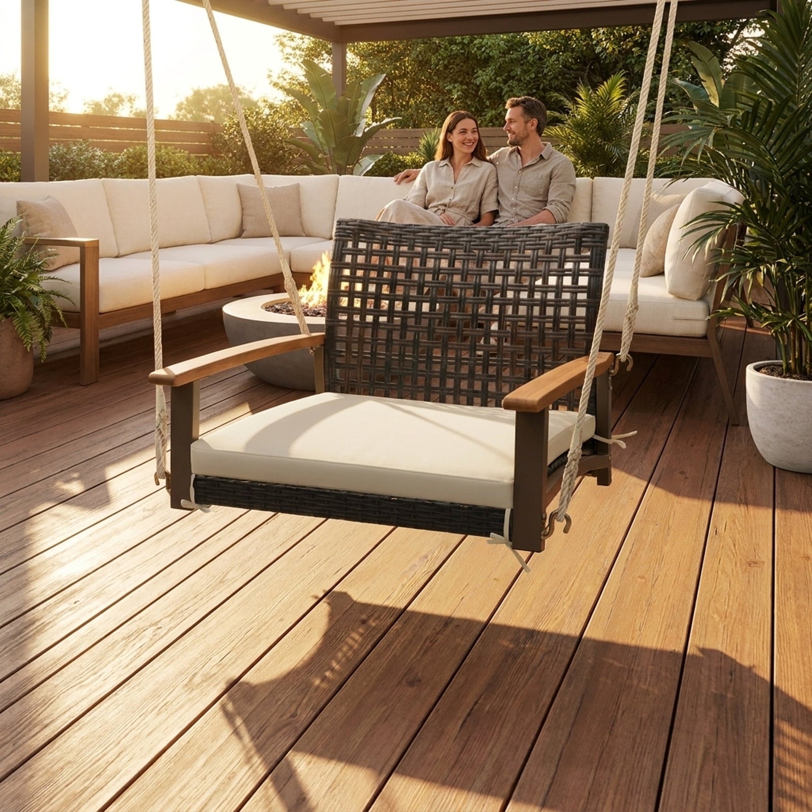 Biotree Single Rattan Porch Swing with Armrests Cushion and Hanging Ropes for Patio Porch Garden Backyard Outdoor, White