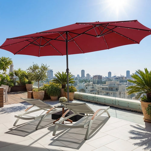 Biotree 15 Feet Double-Sided Patio Umbrella with 48 LED Lights-Dark Red Outdoor Backyard Deck Garden