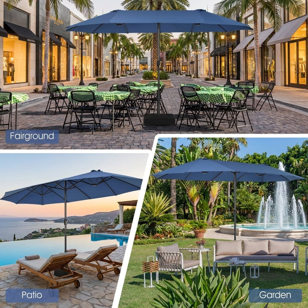 Biotree 15 ft Double-Sided Twin Patio Umbrella Crank Tilt Outdoor Shade - Blue - UV Protection with Cross Base
