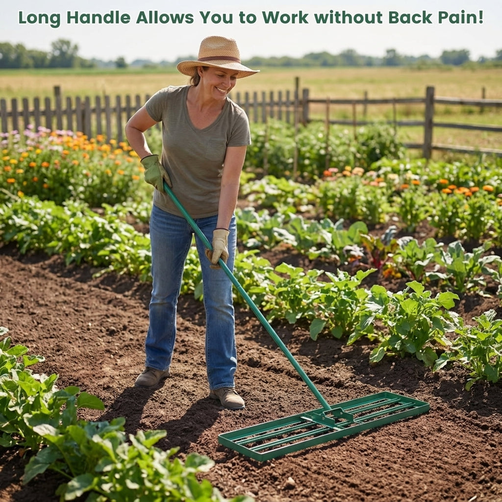 Biotree 36 x 10 Inch Lawn Leveling Rake with Ergonomic Handle for Lawn Garden Yard Soil Care, Green