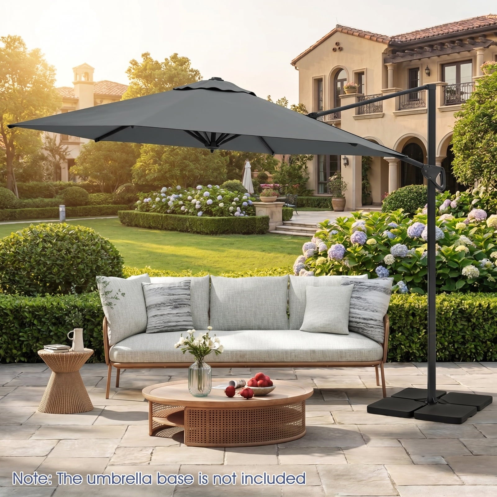 Biotree 9 ft Cantilever Patio Umbrella Offset Hanging with Cross Base, 8 Ribs - Gray for Backyard Garden Poolside
