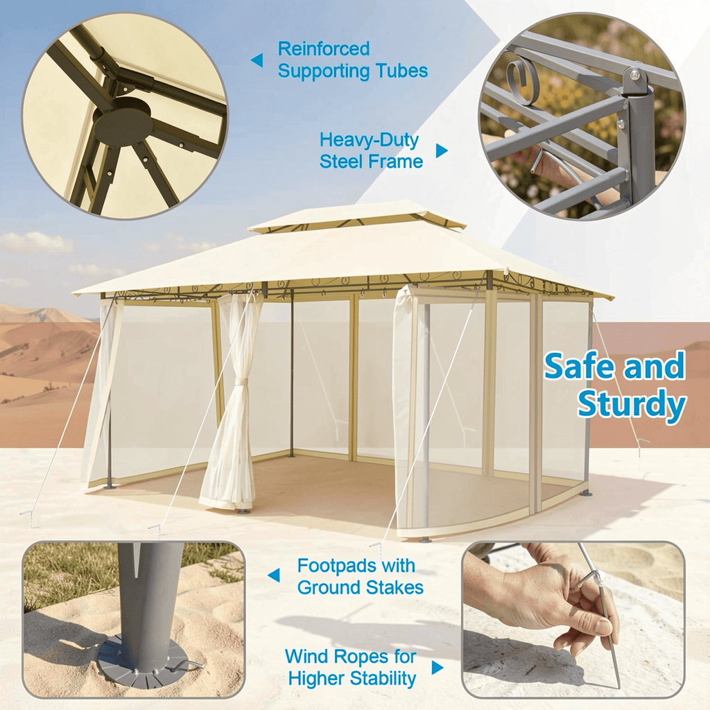 Biotree 10 Feet x 13 Feet Tent Canopy Shelter with Removable Netting Sidewall Beige - Outdoor Patio Backyard Garden Shade Canopy Shelter