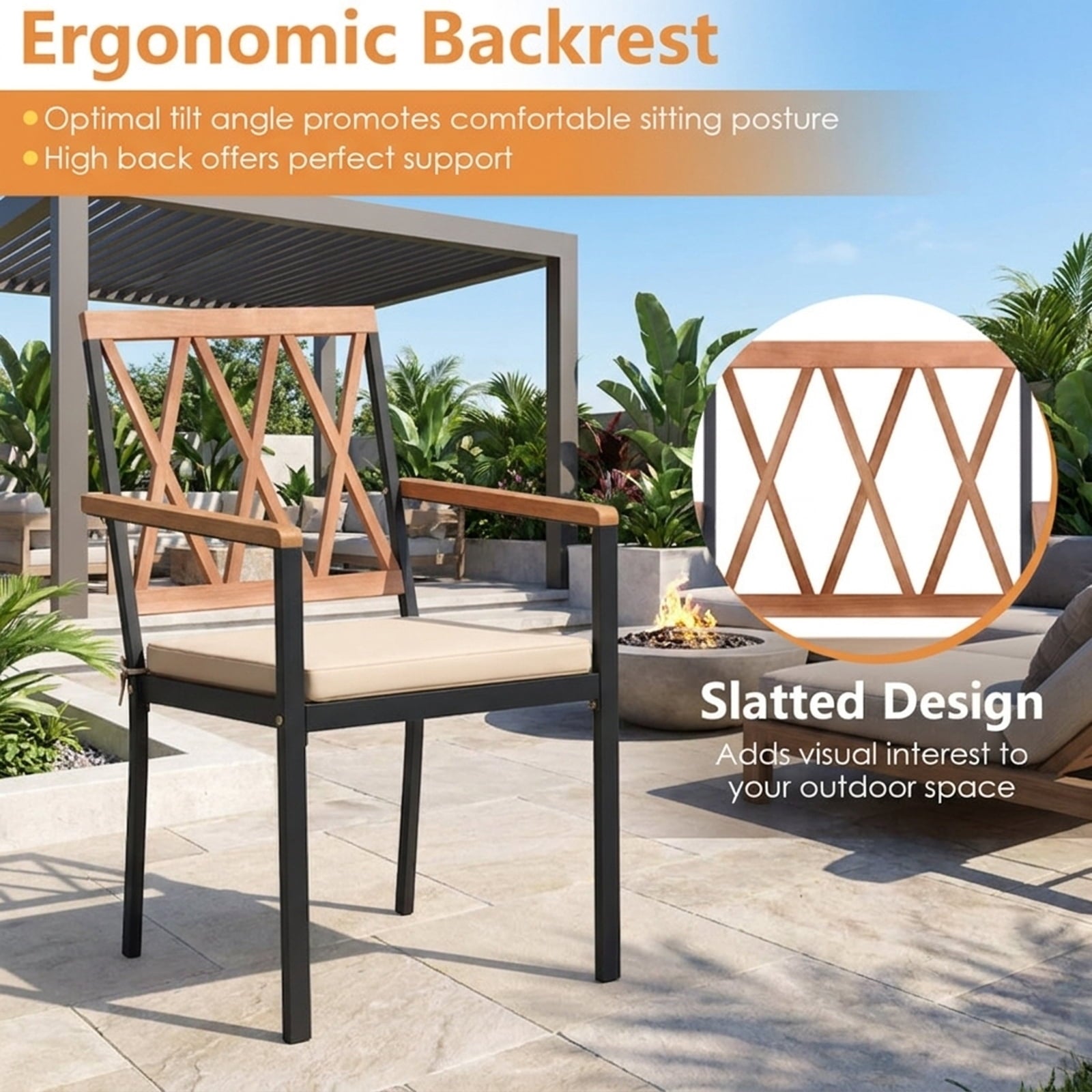 Biotree Set of 2 Patio Dining Chairs with Removable Padded Cushions-18 Inches Stackable Patio Chair for Garden BackyardBlack + Natural