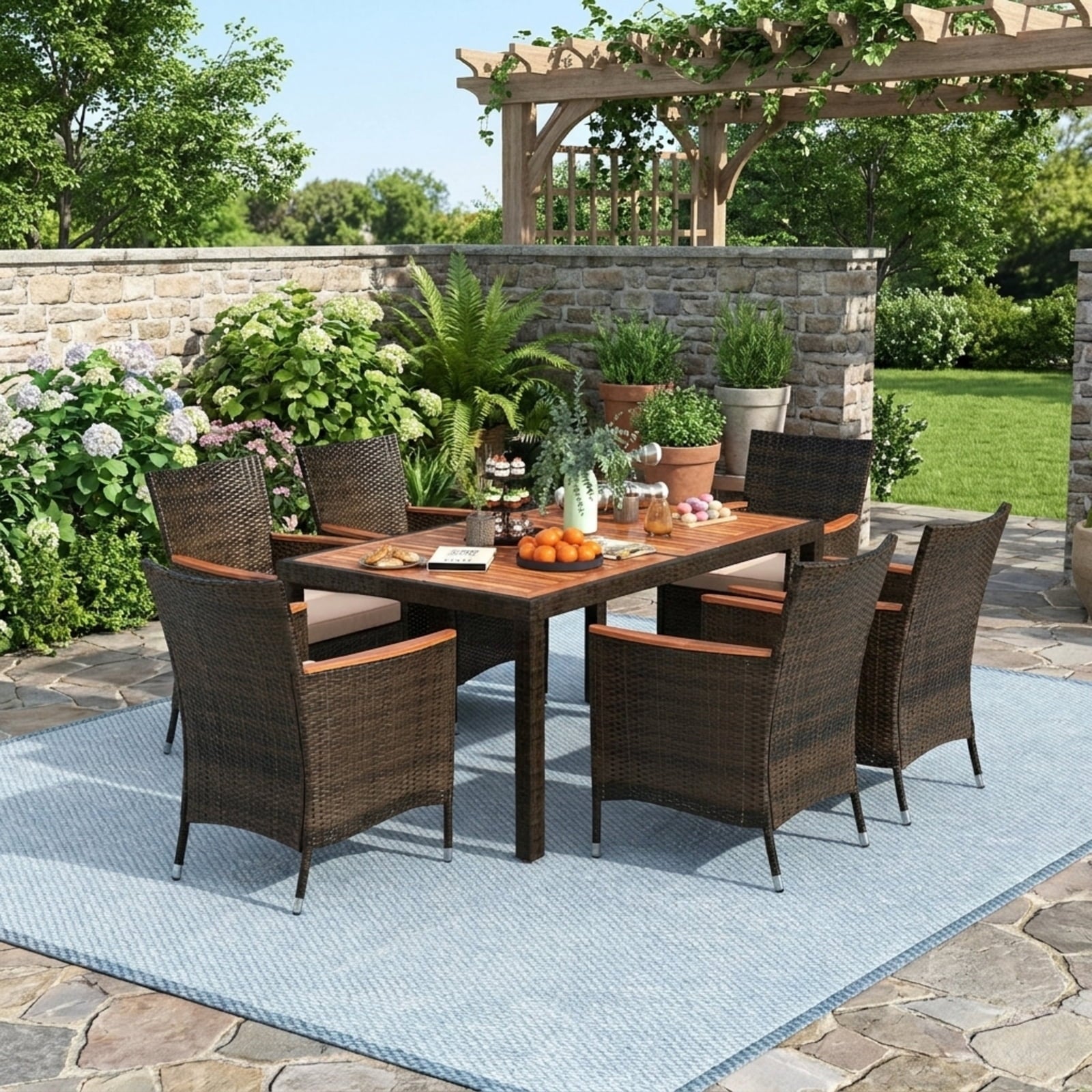Biotree 7 Pieces Garden Dining Patio Rattan Set with Cushions for Backyard Outdoor Conversation Set for Garden Backyard PorchBrown