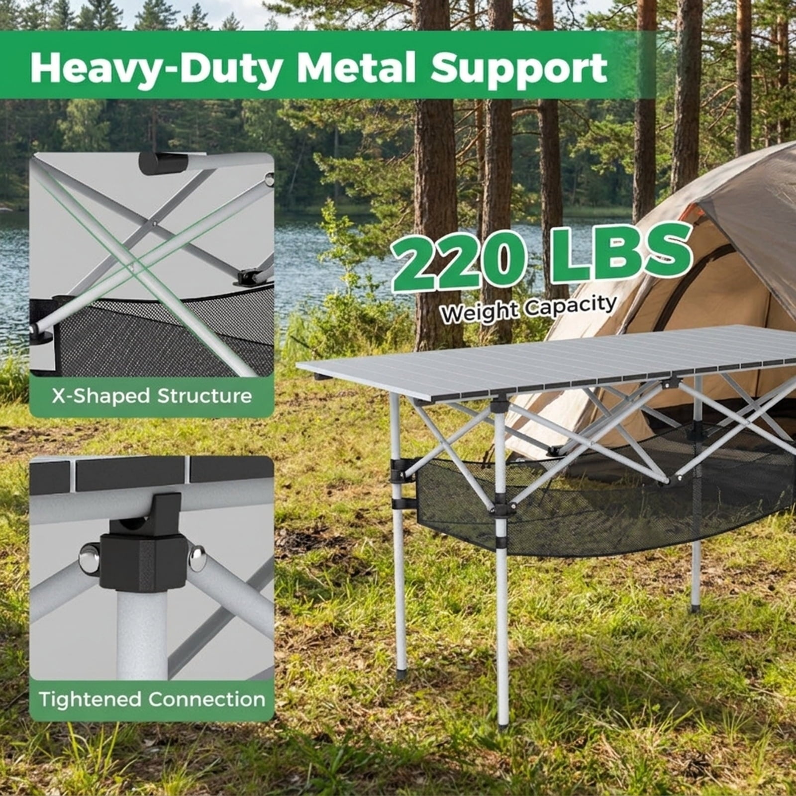 Biotree Patio Folding Camping Table with Roll up Tabletop and Mesh Basket, Silver