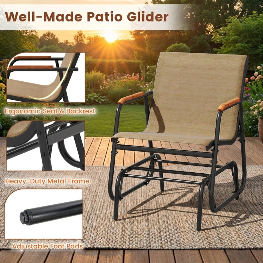 Biotree Patio Glider Chair Set of 2 with Curved Teak Armrests and Breathable Fabric Seat Stackable Patio Chair for Garden BackyardBrown