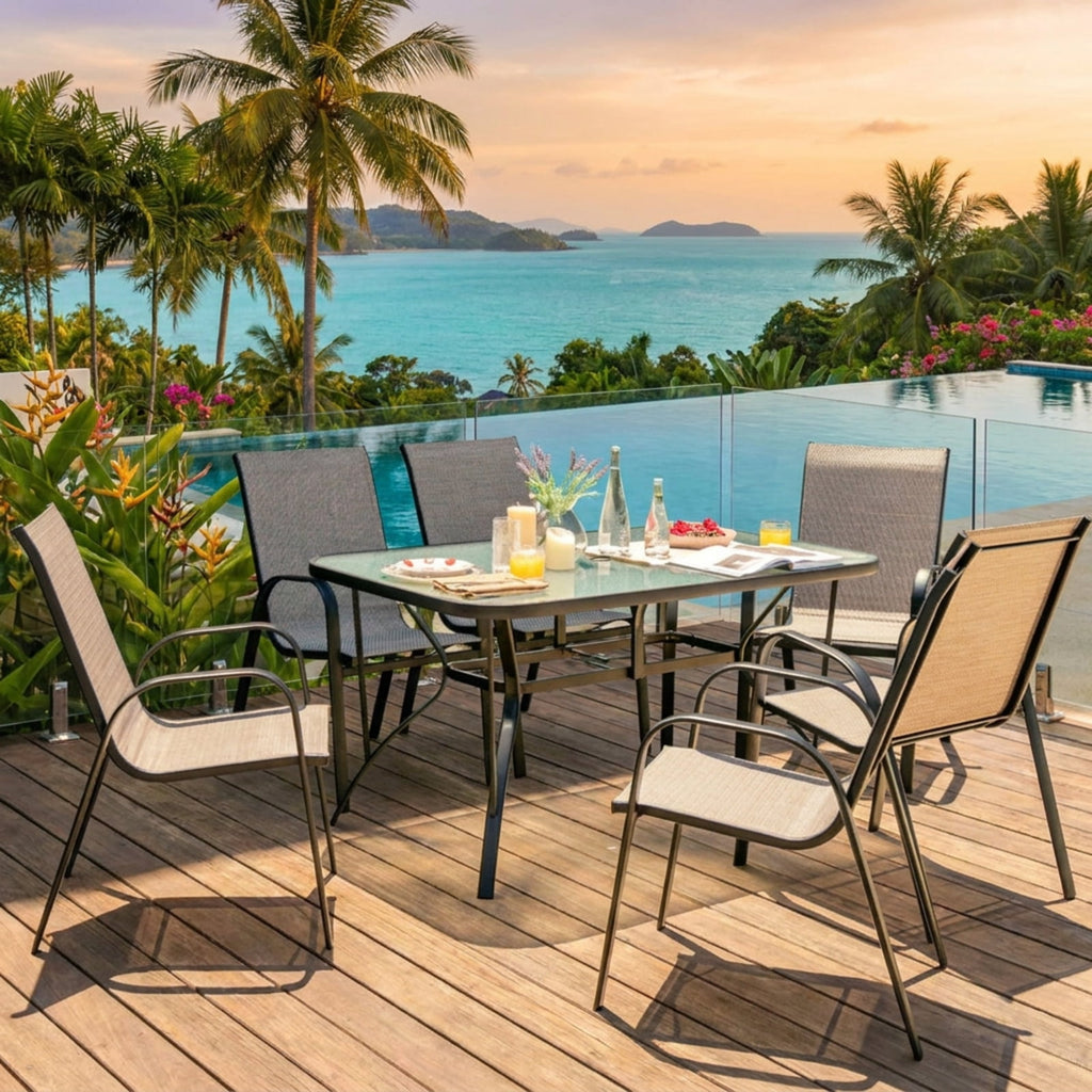 Biotree 6 Pieces Patio Stackable Dining Chairs with Curved Armrests and Breathable Fabric Stackable Patio Chair for Garden BackyardBrown