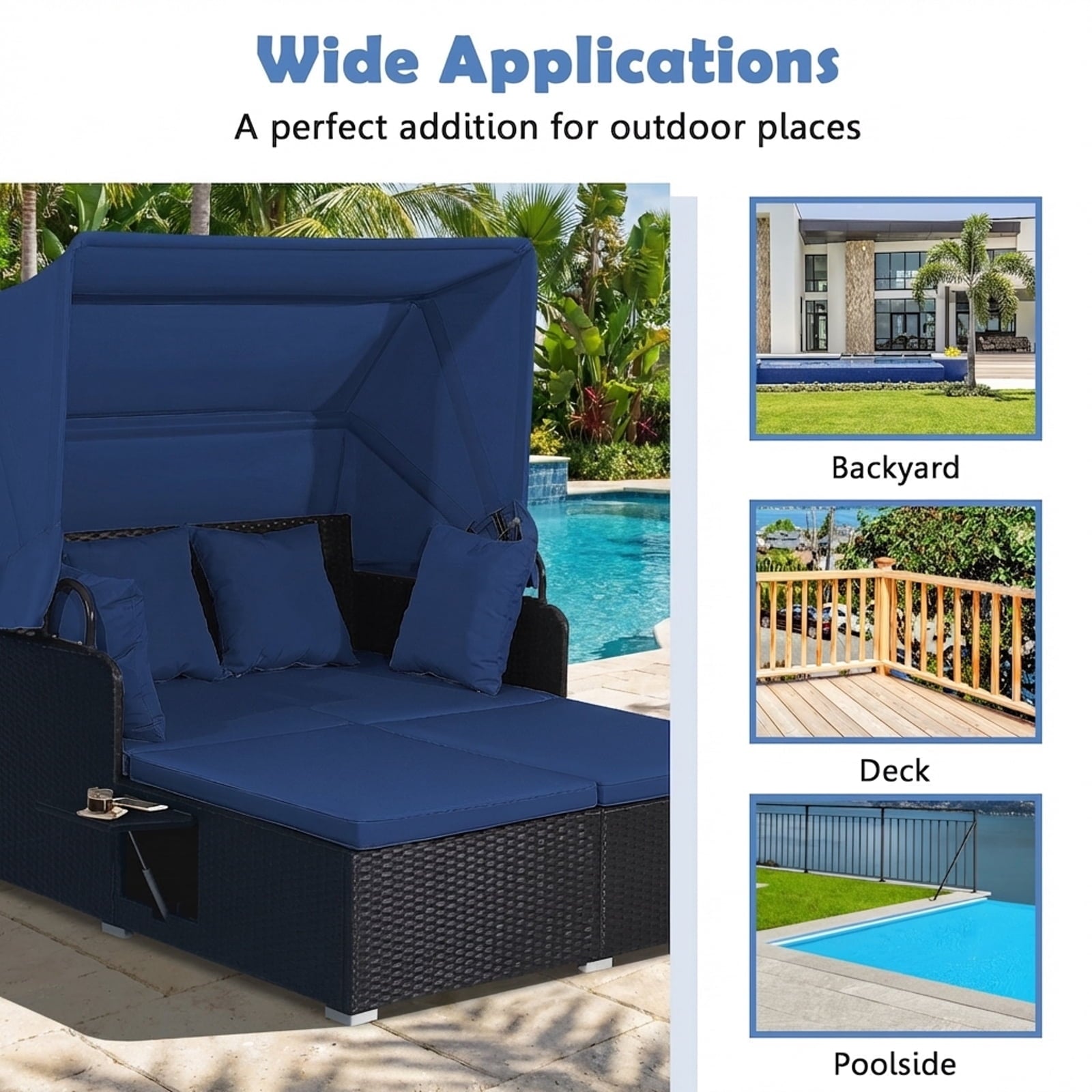 Biotree Patio Rattan Daybed with Retractable Canopy-Navy