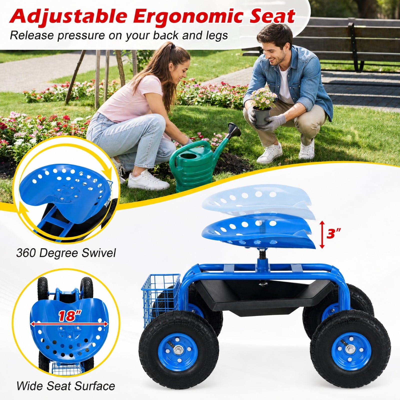 Biotree Rolling Garden Cart with Seat, 360¡ãSwivel Seat Adjustable Height,330lbs Load Capacity, Wagon Scooter with Storage Bracket and Tool Tray, Suitable for Patio Yard, Blue